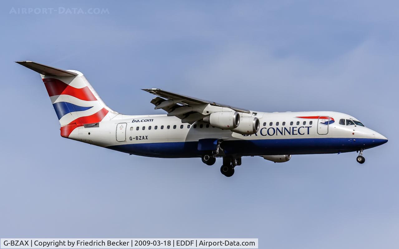G-BZAX, 1999 British Aerospace Avro 146-RJ100 C/N E3356, on final at FRA
