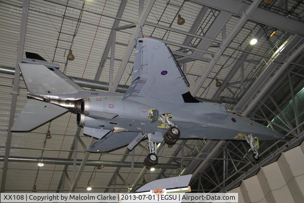 XX108, 1971 Sepecat Jaguar GR.1 C/N S.1, Sepecat Jaguar GR.1. Suspended from the roof in AirSpace, Imperial War Museum Duxford, July 2013.
