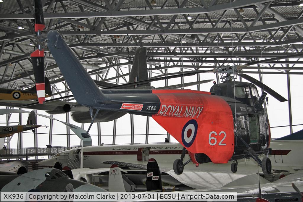 XK936, 1957 Westland Whirlwind HAS.7 C/N WA163, Suspended from the roof in AirSpace, Imperial War Museum Duxford, July 2013.