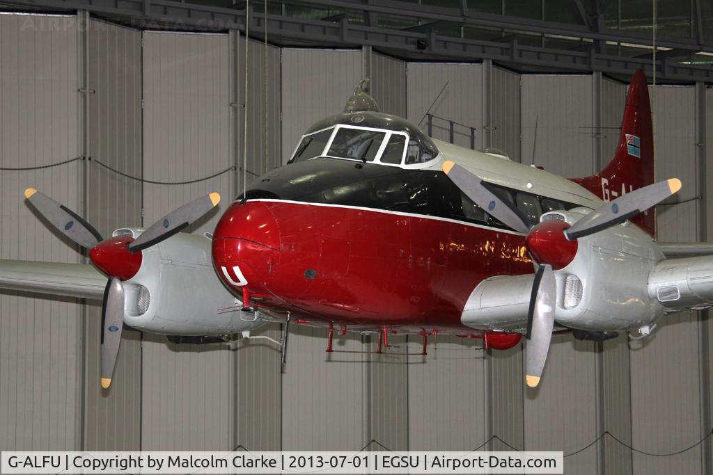 G-ALFU, 1949 De Havilland DH-104 Dove 6 C/N 04234, De Havilland DH-104 Dove 6. Owned by the Duxford Aviation Society and suspended from the roof in AirSpace. Imperial War Museum Duxford, July 2013.