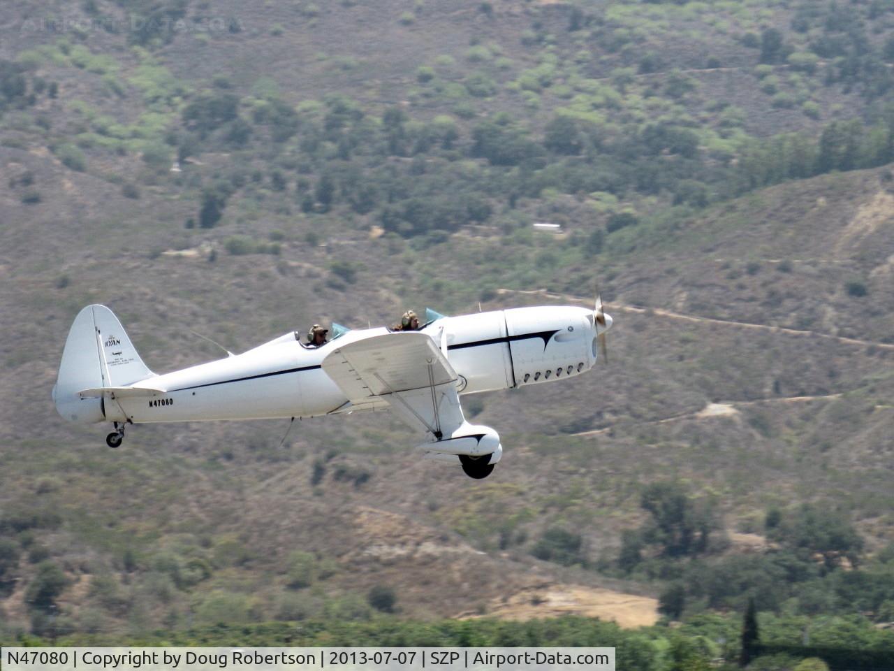 N47080, 1942 Ryan Aeronautical ST3KR C/N 1391, 1942 Ryan Aeronautical ST-3KR 'Eileen', Fairchild Ranger 6-410 inverted in-line 165 Hp, Experimental class, takeoff climb Rwy 22 chasing N53271 PT-22, which see.