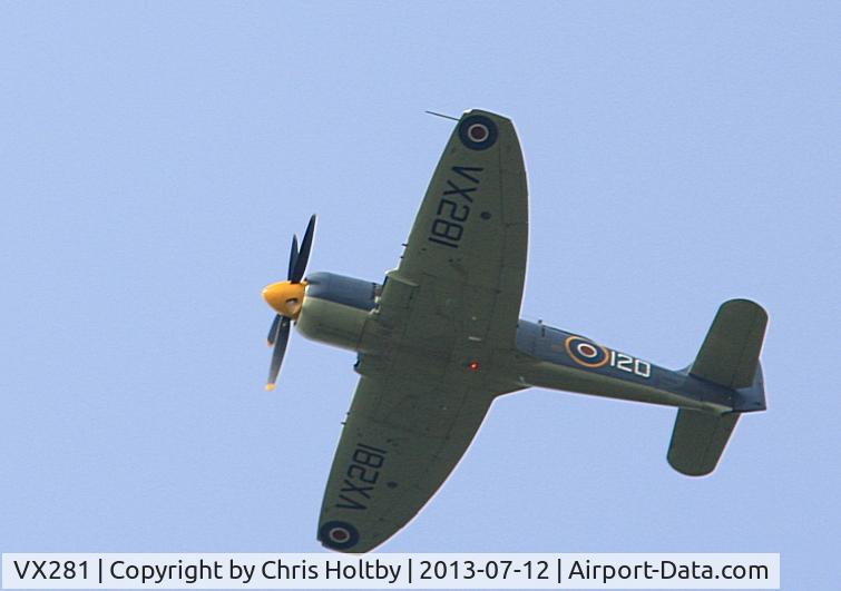 VX281, 1949 Hawker Sea Fury T.20 C/N ES.3615, Over Potters Bar, Herts 12.7.13 presumably returning to Duxford?