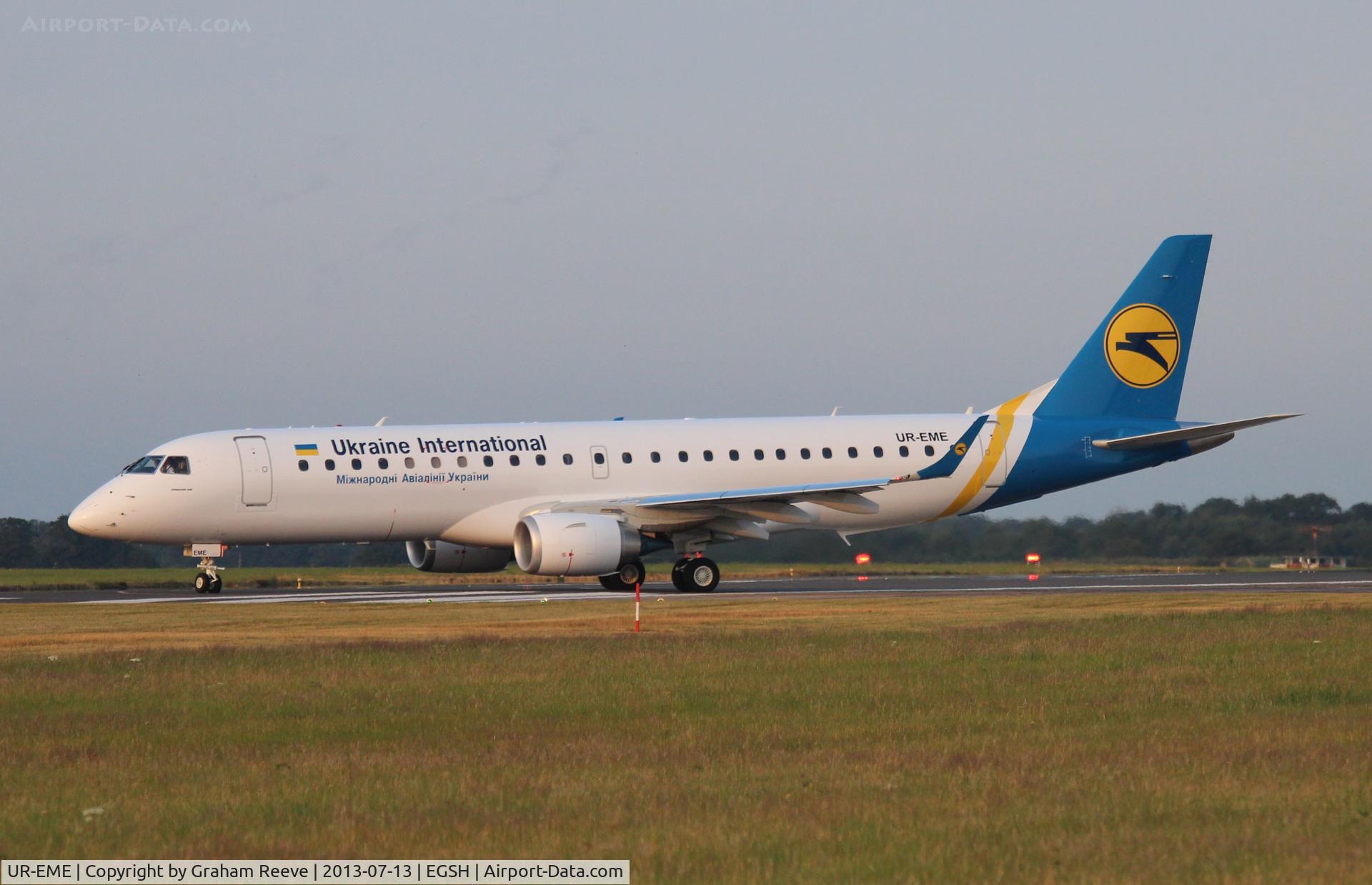 UR-EME, 2013 Embraer 190STD (ERJ-190-100) C/N 19000614, About to depart from Norwich on run way 09 after a change of colour scheme.