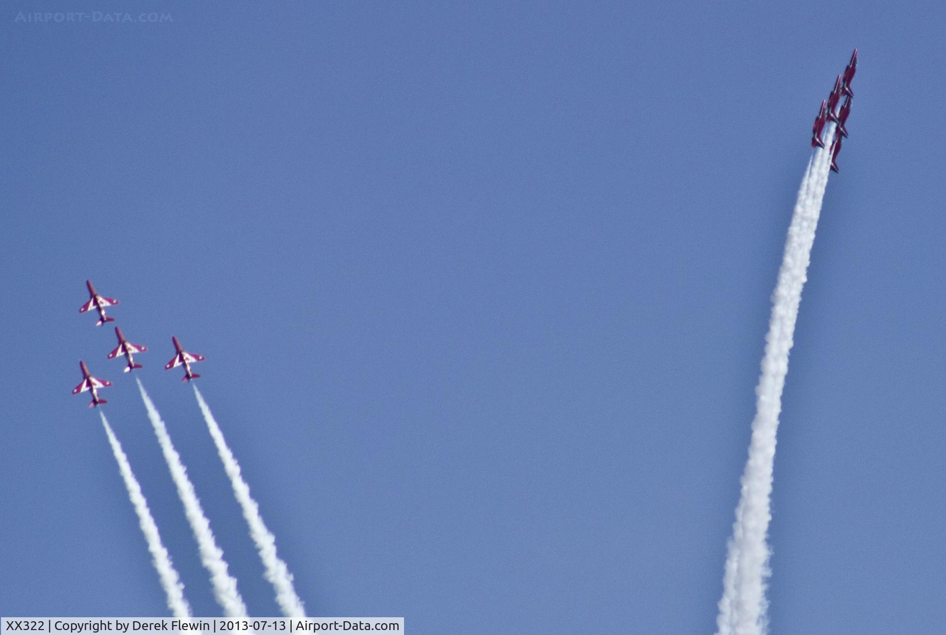 XX322, 1980 Hawker Siddeley Hawk T.1A C/N 165/312147, Red Arrows displaying at the Wales National Airshow Swansea. Images taken from  over  a mile away from the flight line.