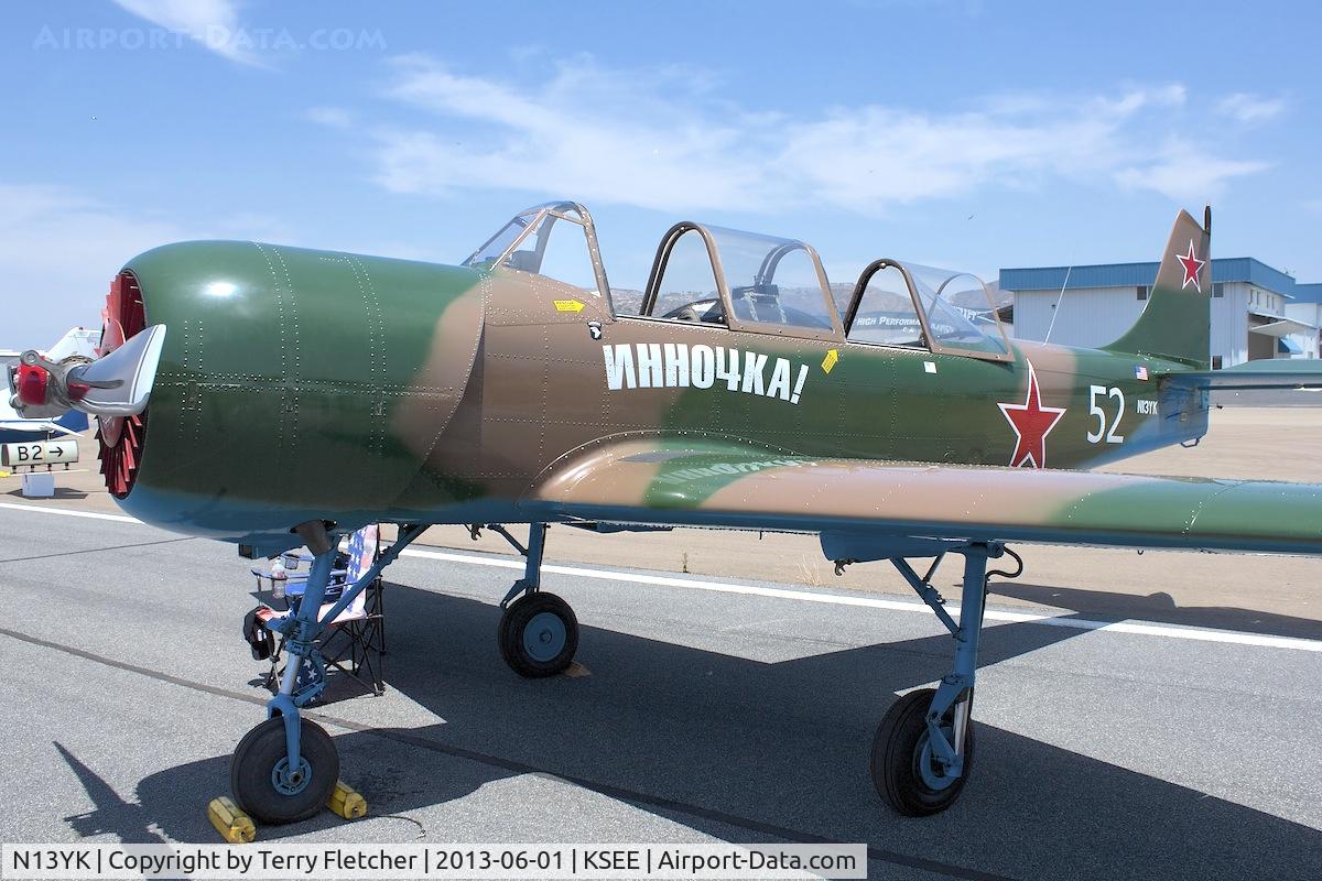 N13YK, 1993 Yakovlev Yak-52 C/N 9311611, Static Park - 2013 Wings over Gillespie Airshow , San Diego , CA