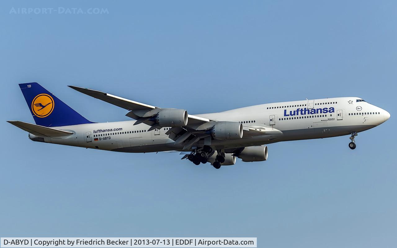 D-ABYD, 2012 Boeing 747-830 C/N 37829, on final at Frankfurt