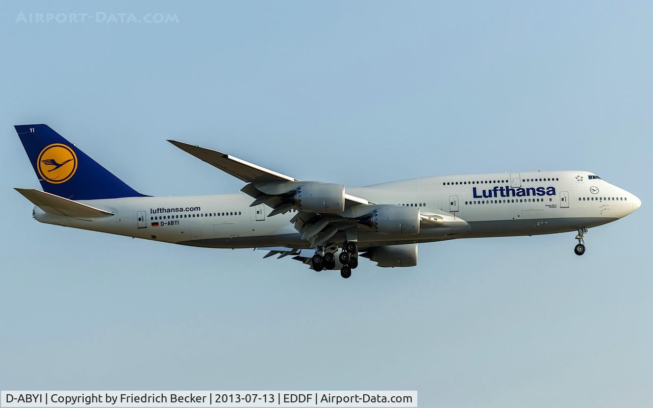 D-ABYI, 2013 Boeing 747-830 C/N 37833, on final at Frankfurt