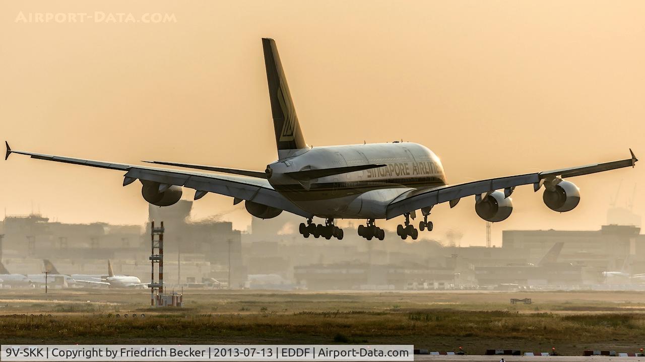 9V-SKK, 2009 Airbus A380-841 C/N 051, on short final at Frankfurt