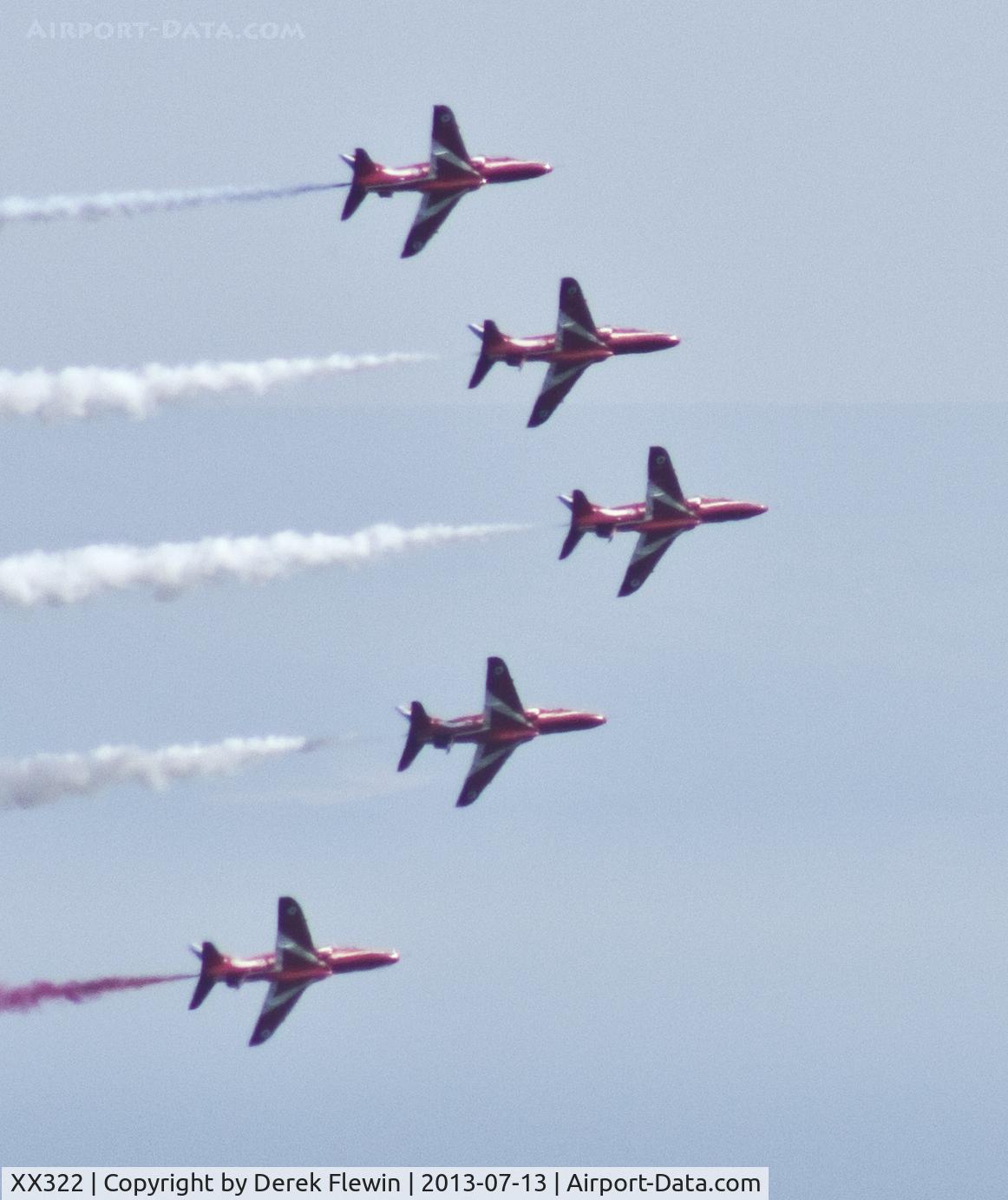 XX322, 1980 Hawker Siddeley Hawk T.1A C/N 165/312147,  Red Arrows displaying at the Wales National Airshow Swansea. Display led by, Red 1, Sqn Ldr Turner (The Boss) in XX322. Images taken from over a mile away from the flight line.