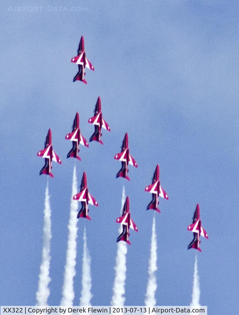 XX322, 1980 Hawker Siddeley Hawk T.1A C/N 165/312147,  Red Arrows displaying at the Wales National Airshow Swansea. Display led by, Red 1, Sqn Ldr Turner (The Boss) in XX322. Images taken from over a mile away from the flight line.