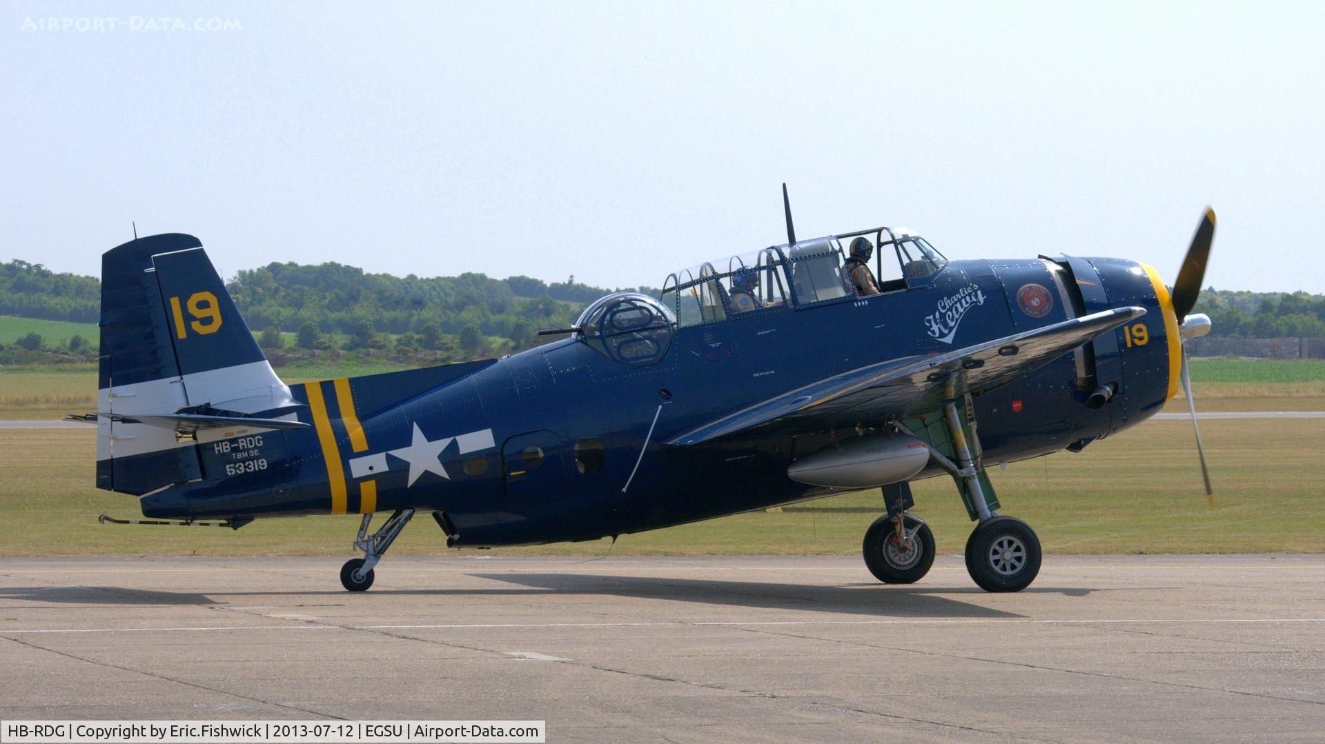 HB-RDG, 1945 Grumman TBM-3R Avenger C/N 3381, 2. HB-RDG on the eve of Flying Legends Air Show, Duxford - July 2013.