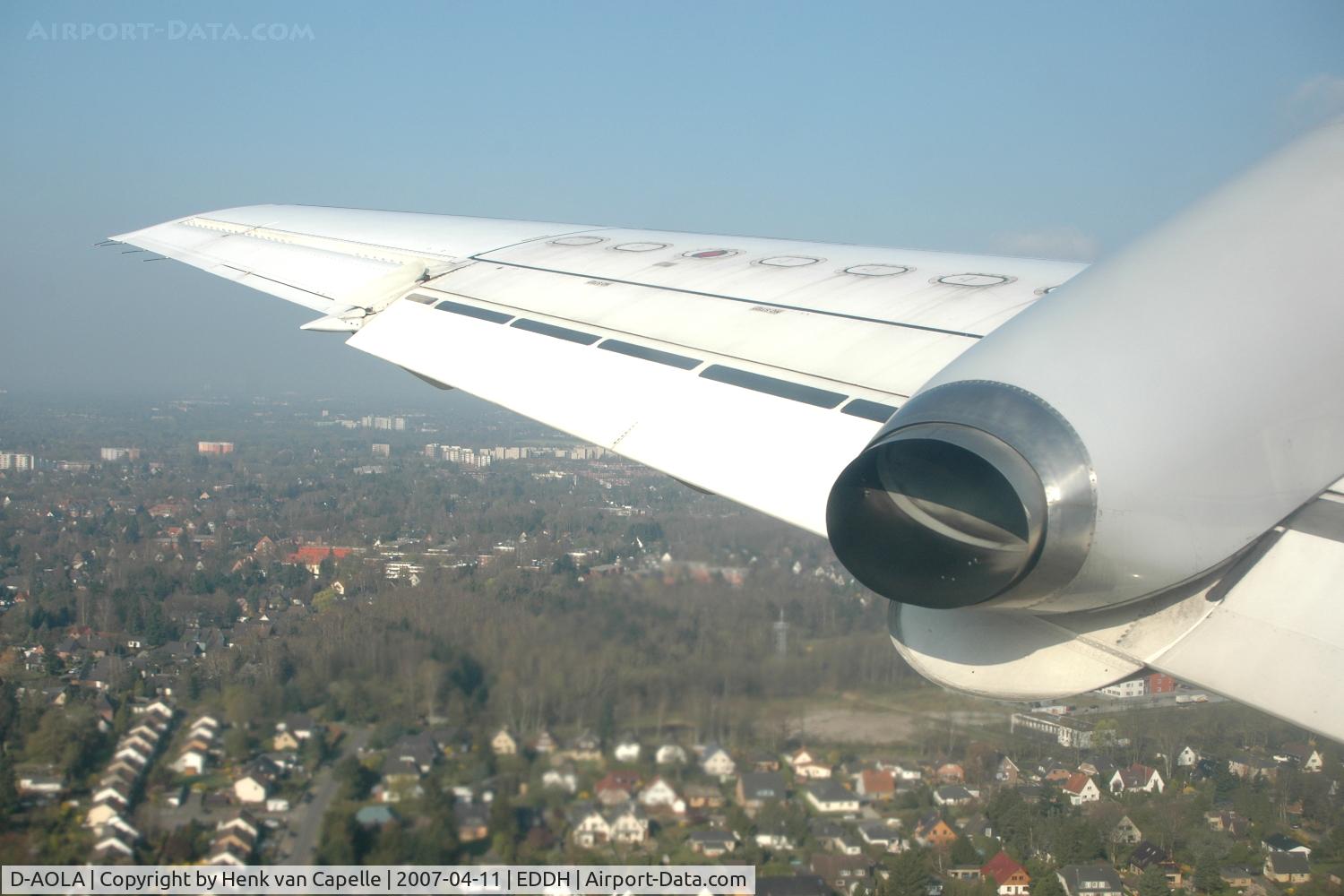 D-AOLA, 1994 Saab 2000 C/N 2000-008, The outer wing and part of the engine nacelle of Saab 2000 D-AOLA of OLT, just after take off from Hamburg Fuhlsbüttel airport, Germany.