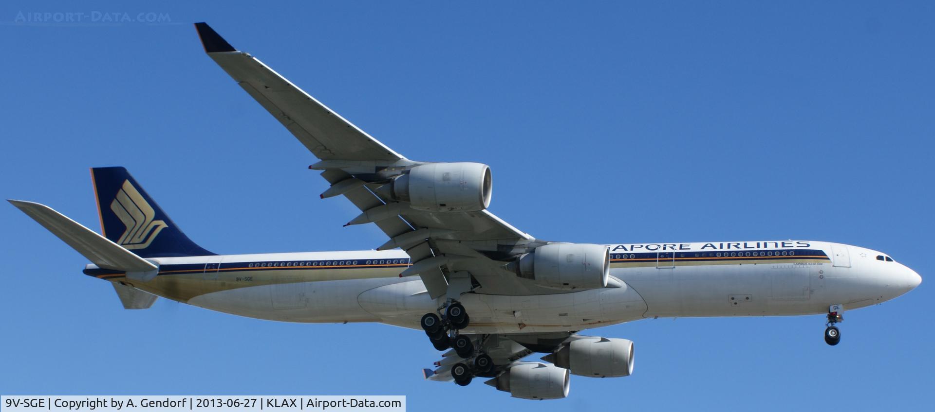 9V-SGE, 2004 Airbus A340-541 C/N 563, Singapore Airlines, seen here landing RWY 24R at Los Angeles Int´l(KLAX)