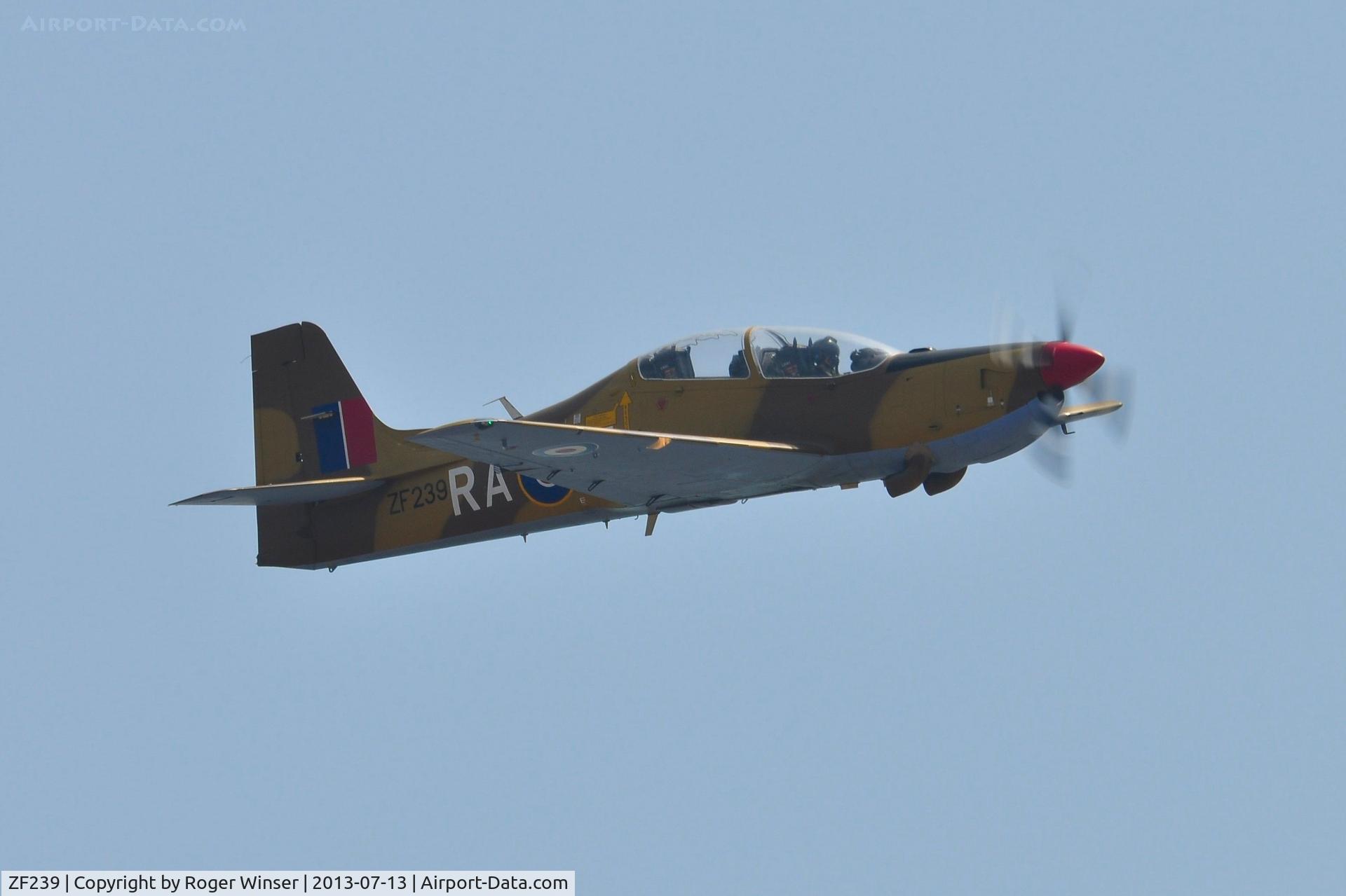 ZF239, 1990 Short S-312 Tucano T1 C/N S041/T39, Off Airport. RAF display Tucano (coded RA-F) for the 2013 air show season seen on the first day of the Wales National Air Show, Swansea Bay, Wales, UK. A topside pass would have been nice.