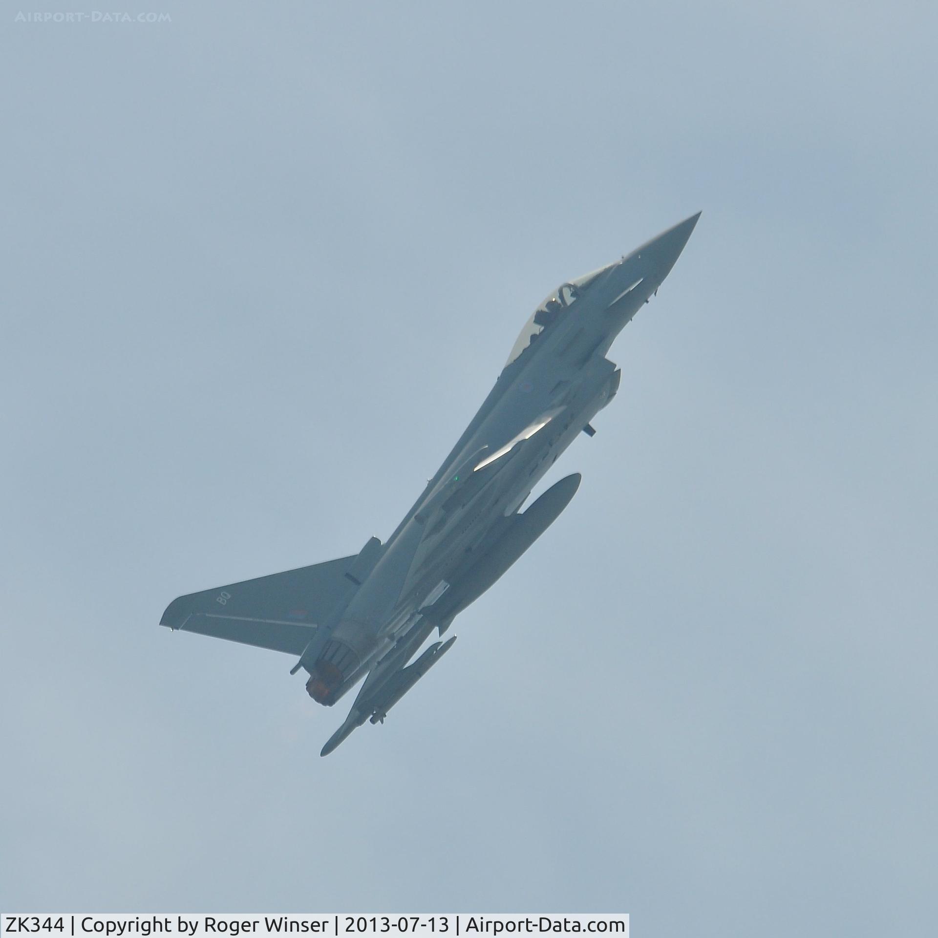 ZK344, 2012 Eurofighter EF-2000 Typhoon FGR4 C/N BS105/384, Off airport. Typhoon coded BQ of 29(R) Squadron RAF displaying on the first day of the Wales National Air Show, Swansea Bay, UK.
