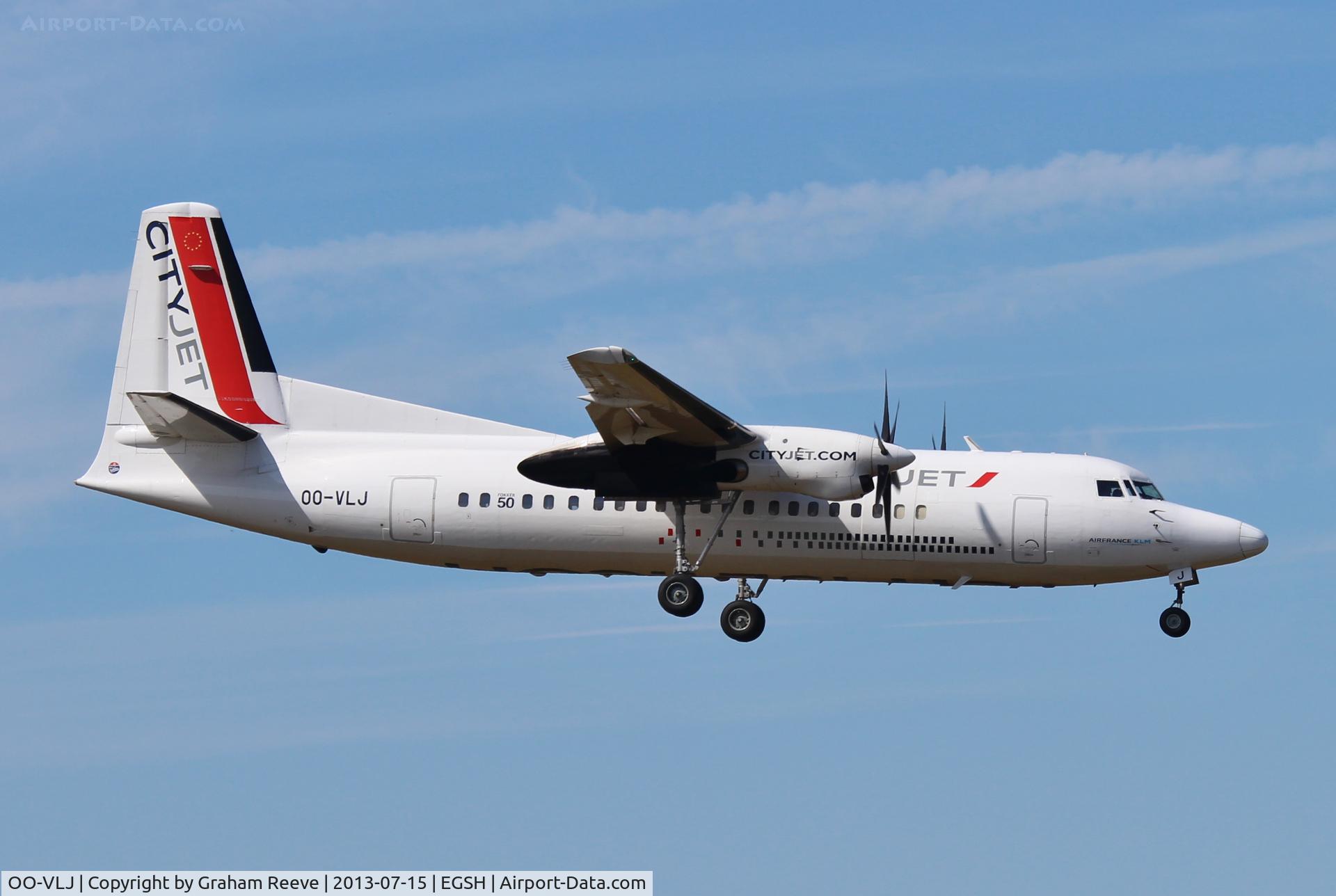 OO-VLJ, 1987 Fokker 50 C/N 20105, About to land at Norwich.