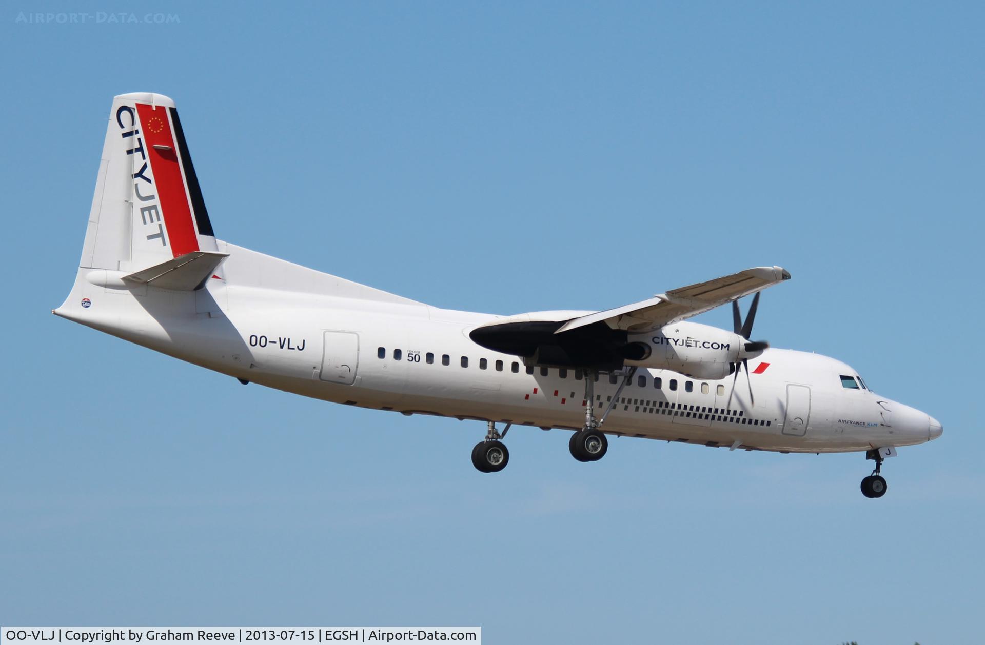 OO-VLJ, 1987 Fokker 50 C/N 20105, About to touch down at Norwich on 09.
