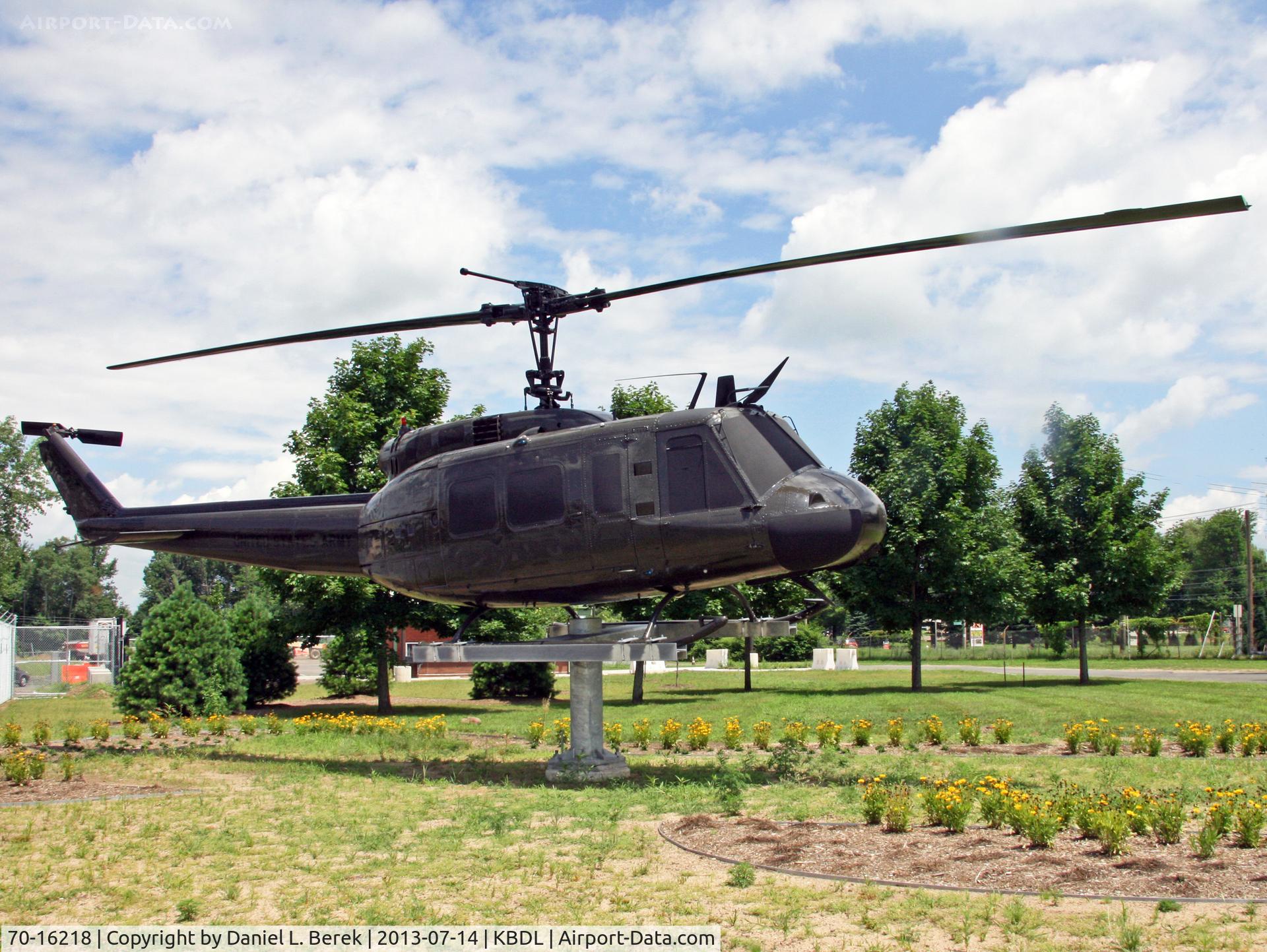 70-16218, 1970 Bell UH-1H Iroquois C/N 12523, This machine has been freshly restored and given a new coat of paint. She is located on the periphery of Bradley International Airport, which would explain the fictitious CNG on the tail.  This machine last served at Fort Rucker, Alabama.