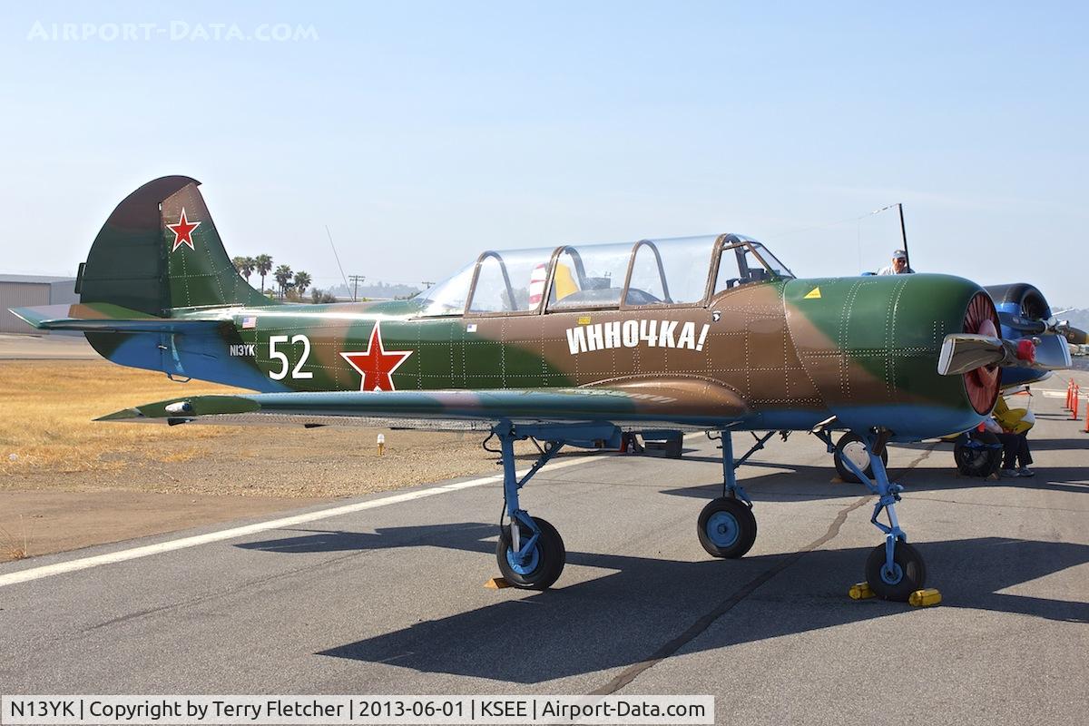 N13YK, 1993 Yakovlev Yak-52 C/N 9311611, At 2013 Wings Over Gillespie Airshow , San Diego , California
