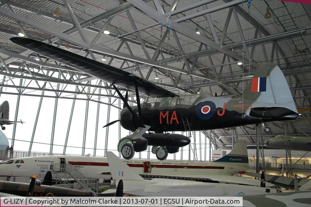 G-LIZY, 1940 Westland Lysander IIIA C/N 504/39, Westland Lysander IIIA. Suspended from the roof in AirSpace, Imperial War Museum Duxford, July 2013.