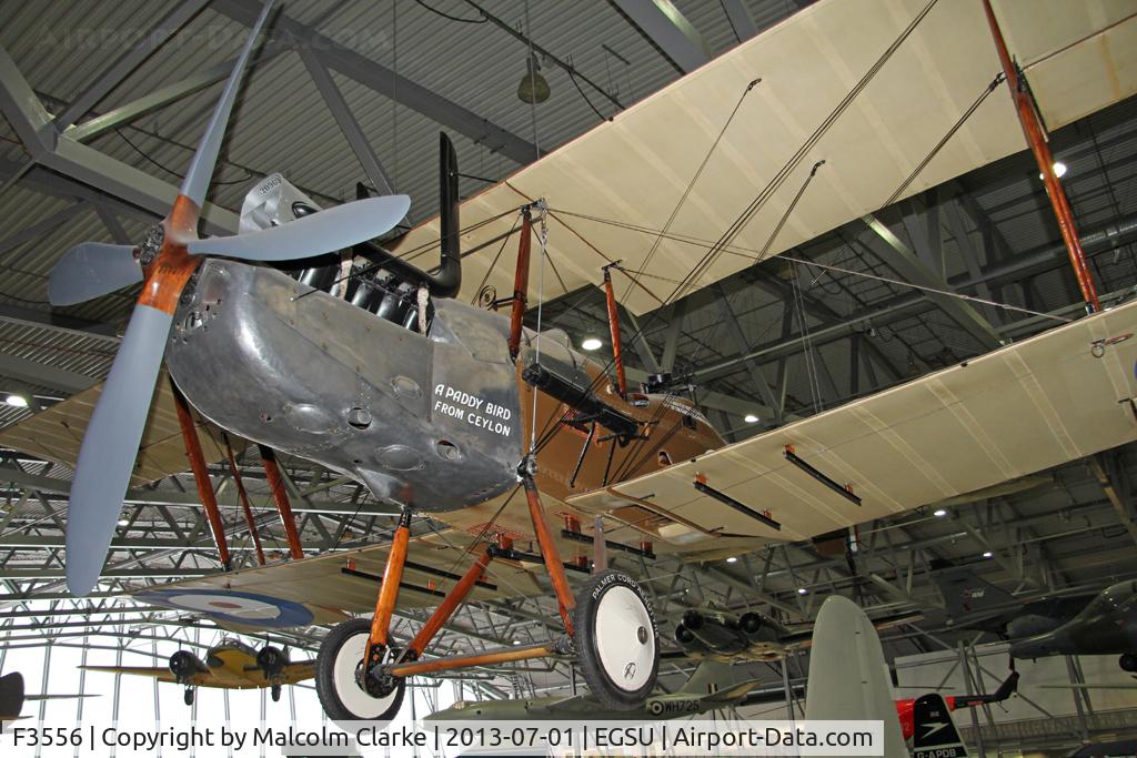 F3556, 1918 Royal Aircraft Factory RE-8 C/N Not found F3556, Royal Aircraft Factory RE-8. Suspended from the roof in AirSpace, Imperial War Museum Duxford, July 2013.