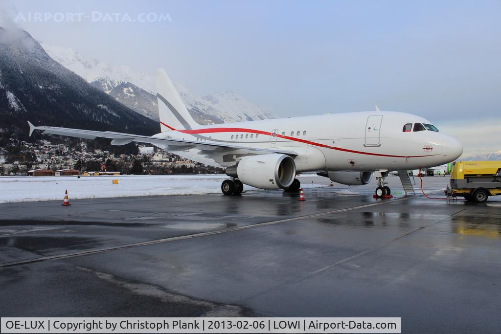 OE-LUX, 2010 Airbus A318-112CJ Elite C/N 4169, parked at the Homebase Innsbruck