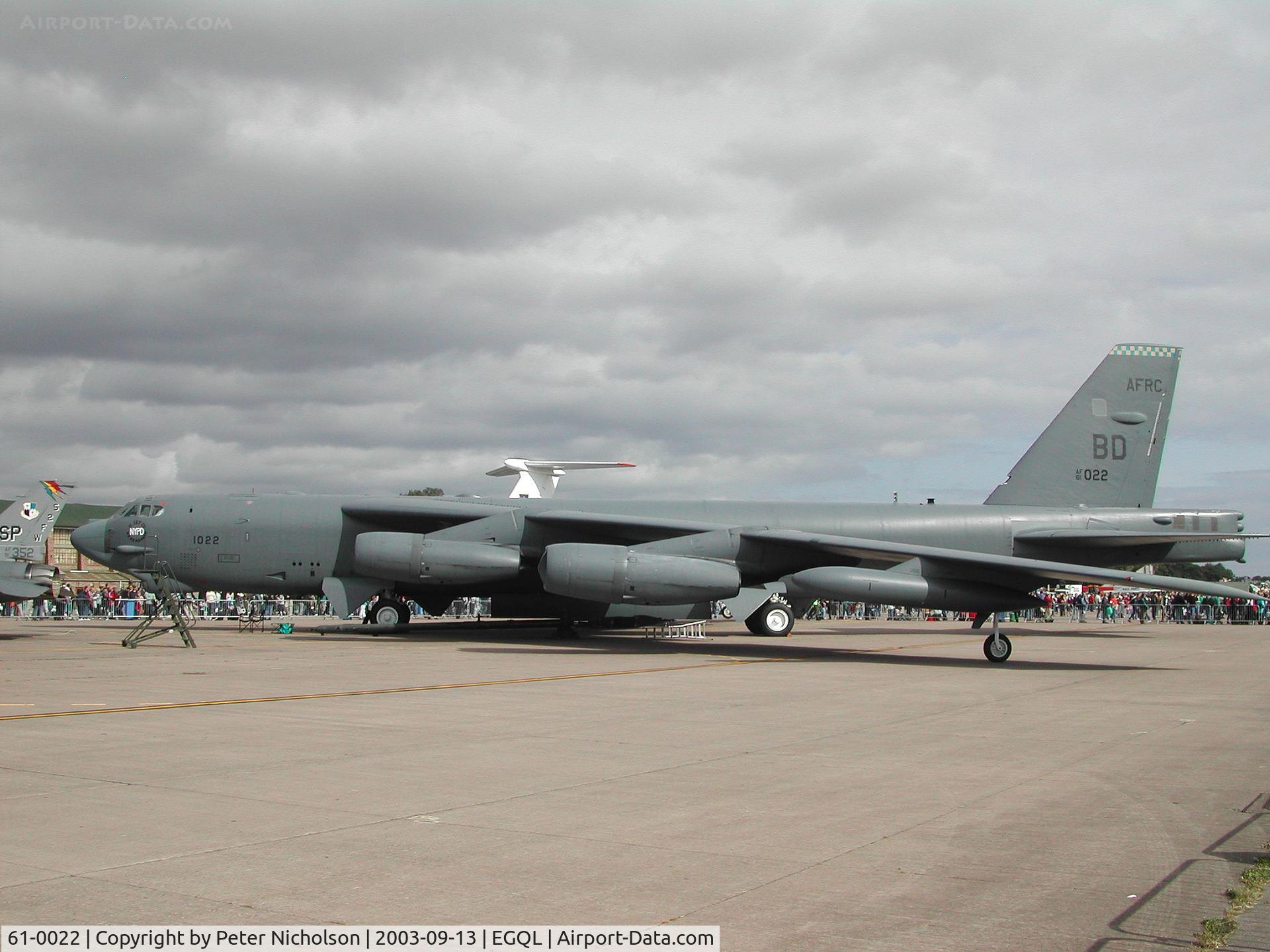 61-0022, 1961 Boeing B-52H Stratofortress C/N 464449, B-52H Stratofortress, callsign Scalp 98, of Barksdale's 93rd Bomb Squadron/917 Wing on display at the 2003 RAF Leuchars Airshow.