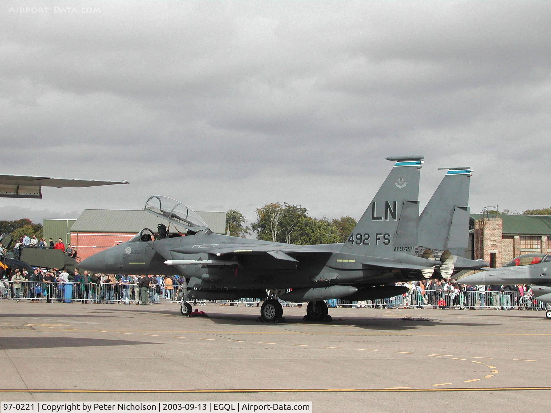 97-0221, 1997 McDonnell Douglas F-15E Strike Eagle C/N 1359/E220, F-15E Strike Eagle , callsign Bolar 01, of RAF Lakenheath's 492nd Fighter Squadron/48th Fighter Wing on display at the 2003 RAF Leuchars Airshow.