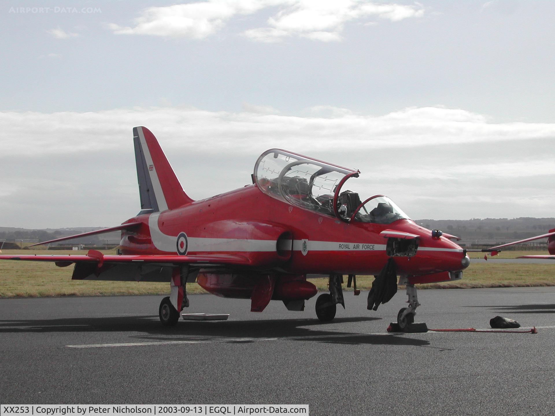 XX253, 1978 Hawker Siddeley Hawk T.1A C/N 089/312089, Hawk T.1A of the Red Arrows aerobatic display team of the Royal Air Force on display at the 2003 RAF Leuchars Airshow.