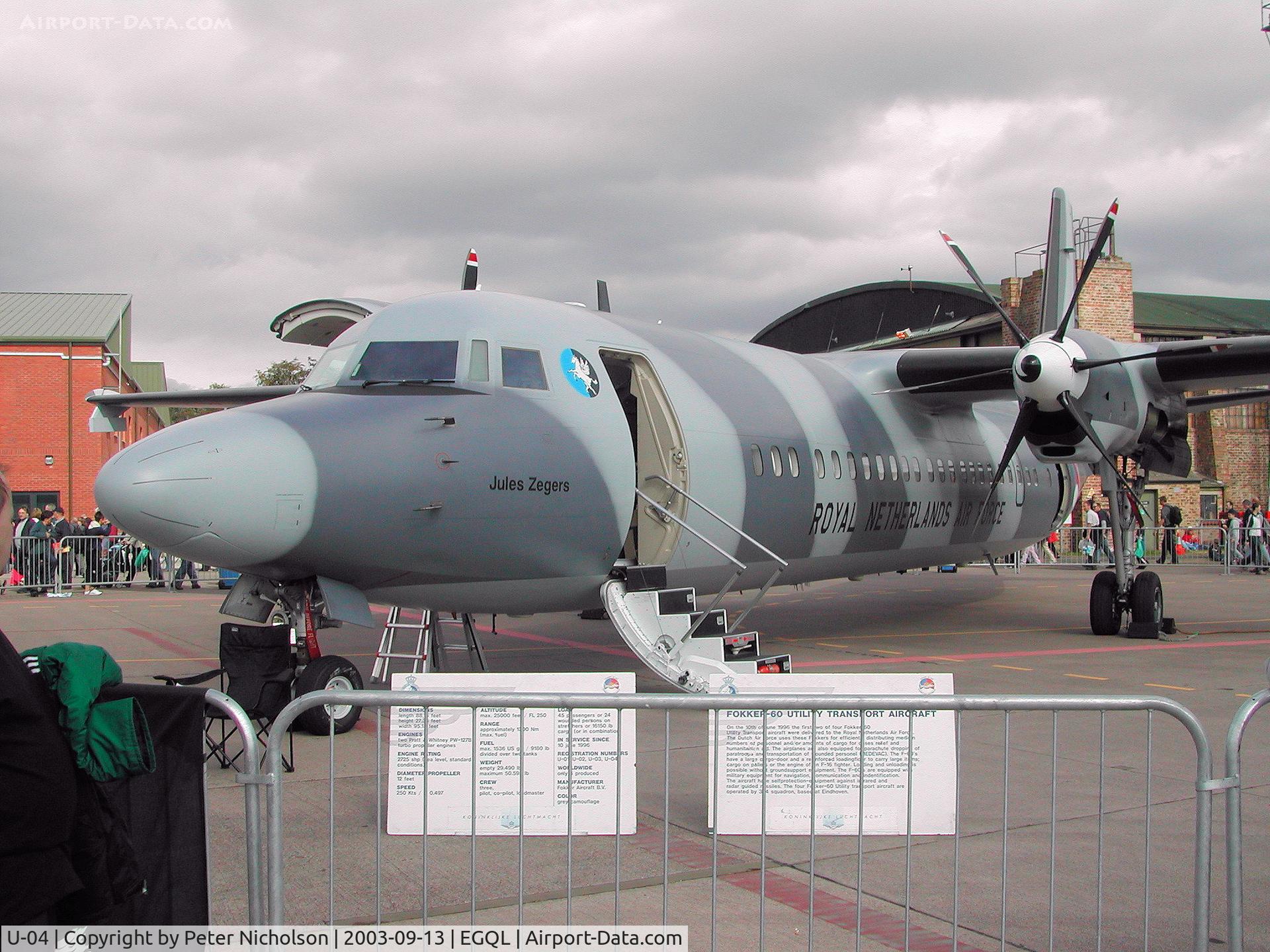 U-04, 1996 Fokker 60UTA-N C/N 20329, Fokker 60 UTA/N, callsign Netherlands Air Force 61, of 334 Squadron on display at the 2003 RAF Leuchars Airshow.
