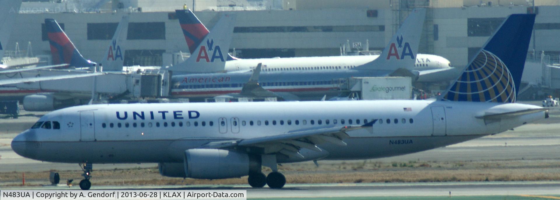 N483UA, 2001 Airbus A320-232 C/N 1586, United, seen here waiting for crossing clearence RWY 25R at Los Angeles Int´l(KLAX)