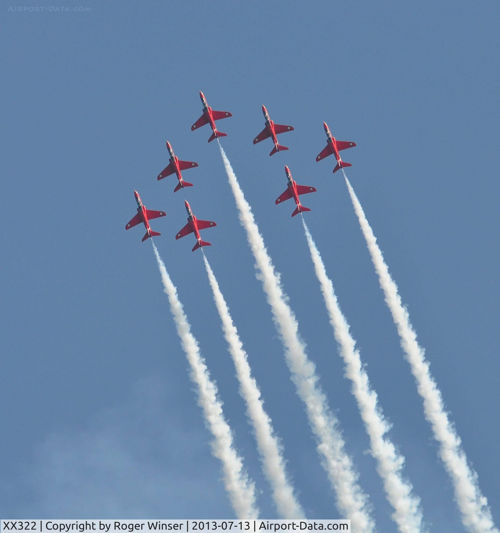 XX322, 1980 Hawker Siddeley Hawk T.1A C/N 165/312147, Off airport. Seven ship RAF Red Arrows formation led by XX322 on the first day of the Wales National Air Show, Swansea Bay, UK.