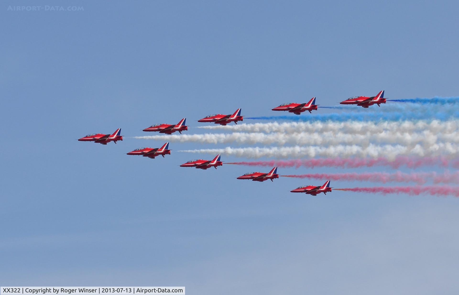 XX322, 1980 Hawker Siddeley Hawk T.1A C/N 165/312147, Off airport. The RAF Red Arrows fly past in arrow formation led by XX322 on the first day of the Wales National Air Show, Swansea Bay, UK.