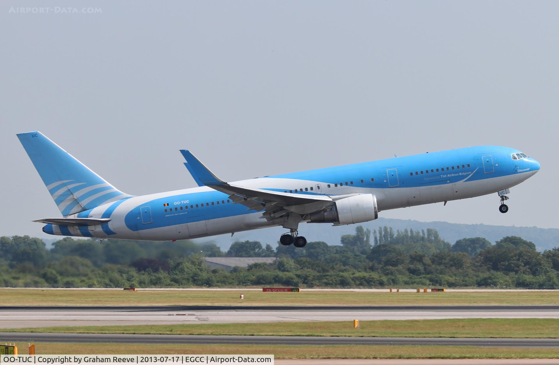OO-TUC, 1990 Boeing 767-341/ER C/N 24844, Departing from Manchester.