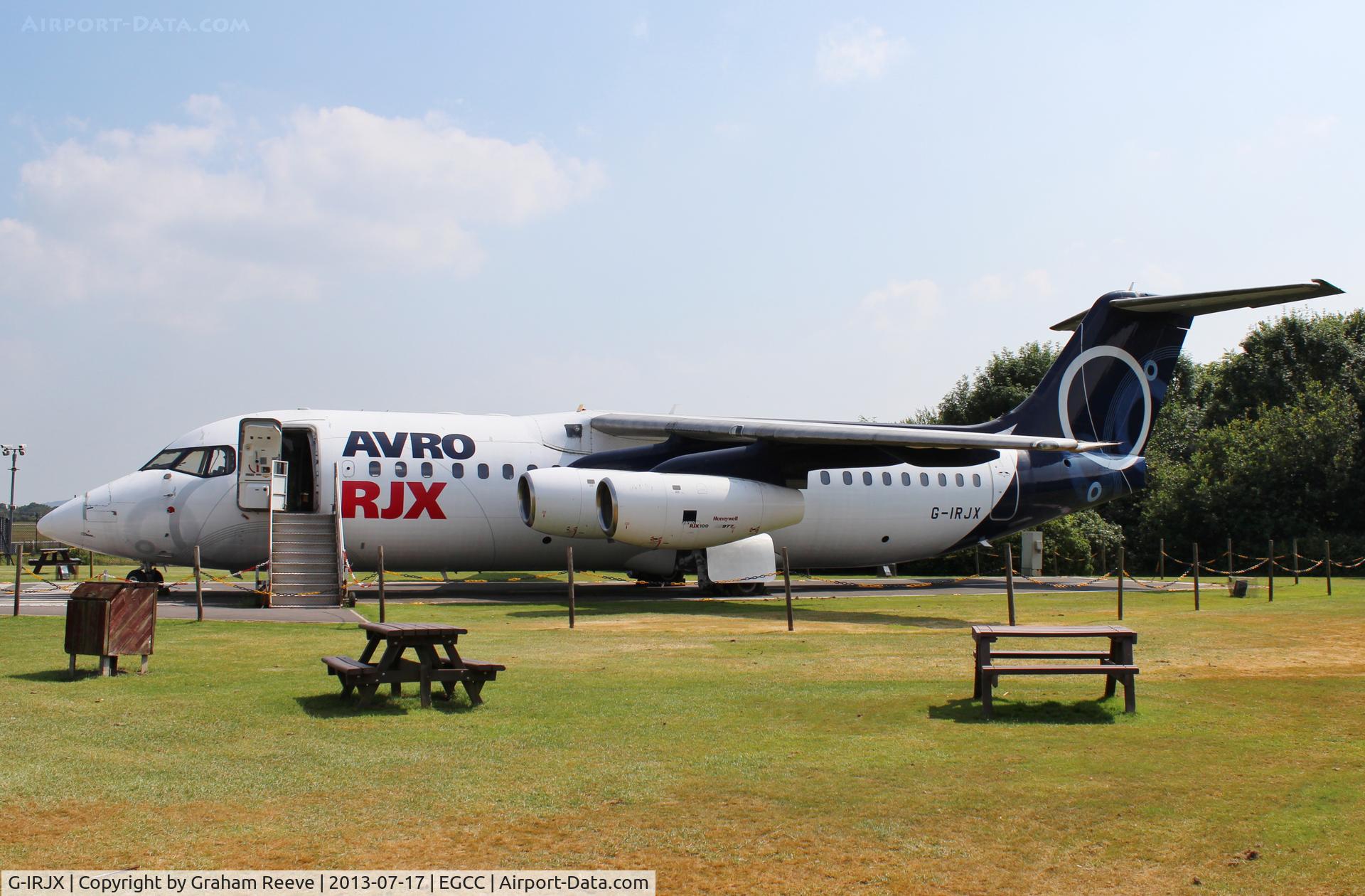 G-IRJX, 2001 British Aerospace Avro 146-RJ100 C/N E3378, On display in the visitors park at Manchester.