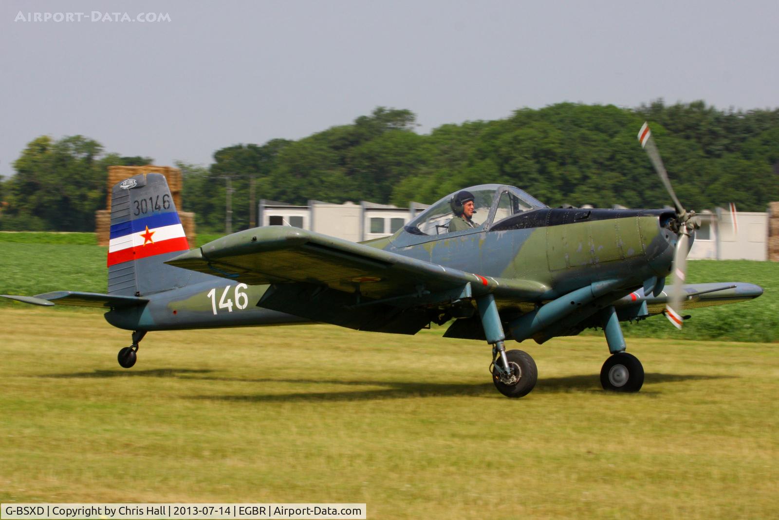 G-BSXD, 1977 Soko P-2 Kraguj C/N 030, at the Real Aeroplane Club's Wings & Wheels fly-in, Breighton