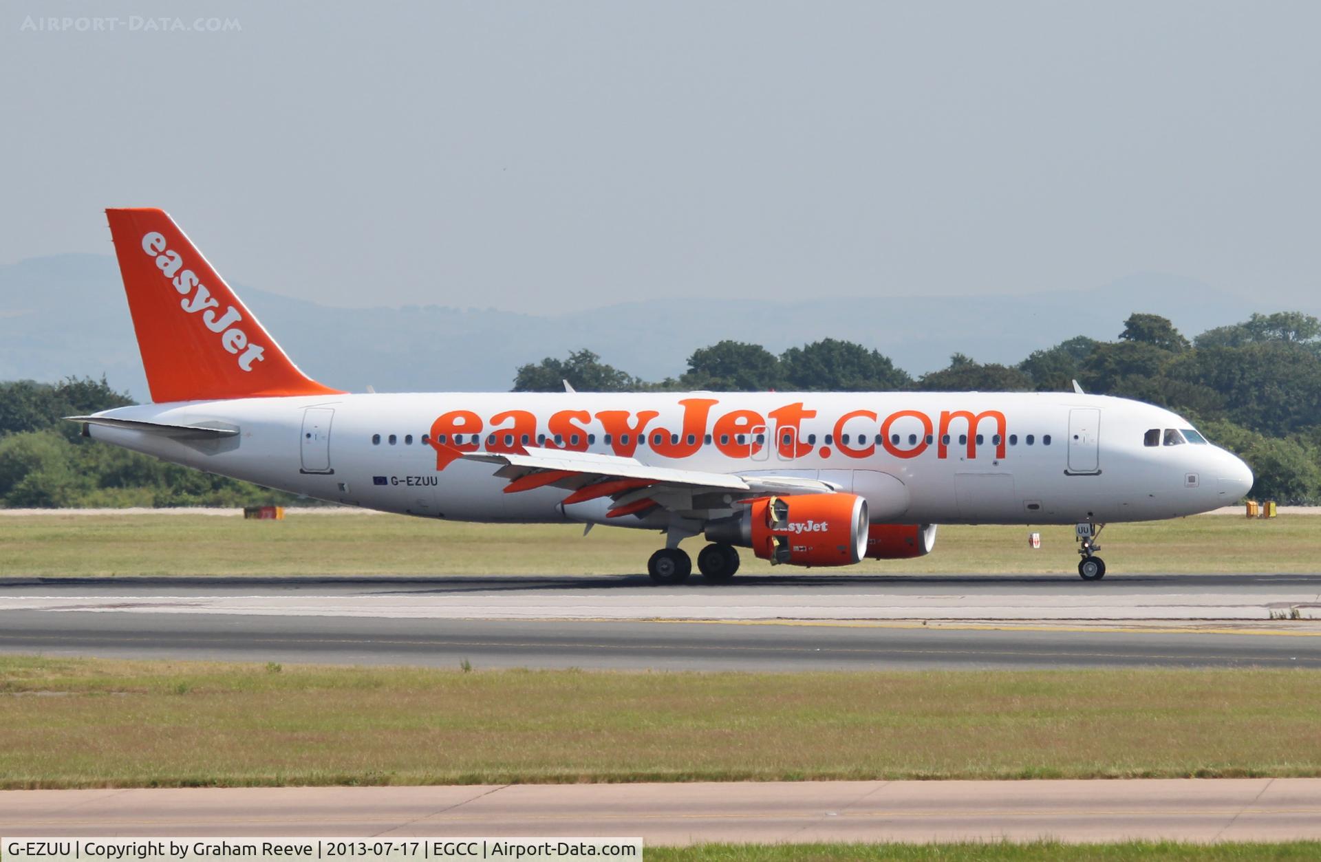 G-EZUU, 2011 Airbus A320-214 C/N 5150, Just landed with the thrust reversers deployed.