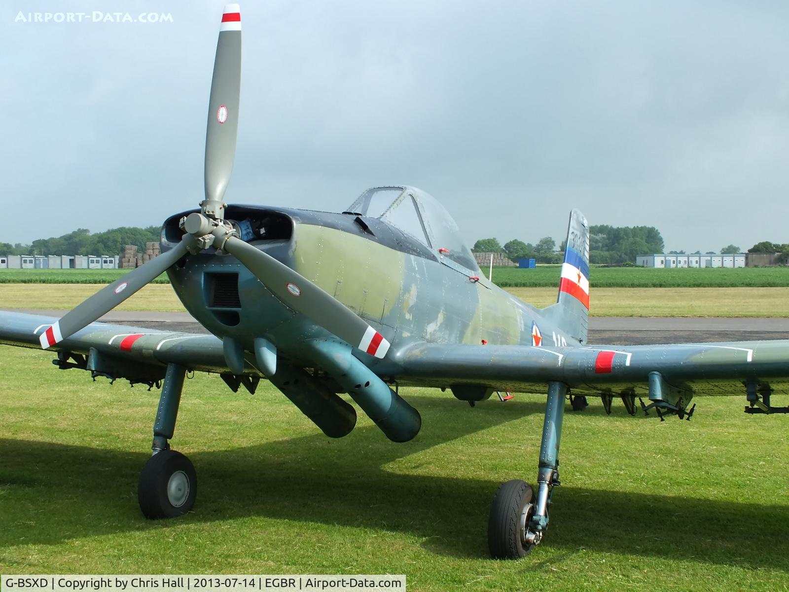 G-BSXD, 1977 Soko P-2 Kraguj C/N 030, at the Real Aeroplane Club's Wings & Wheels fly-in, Breighton