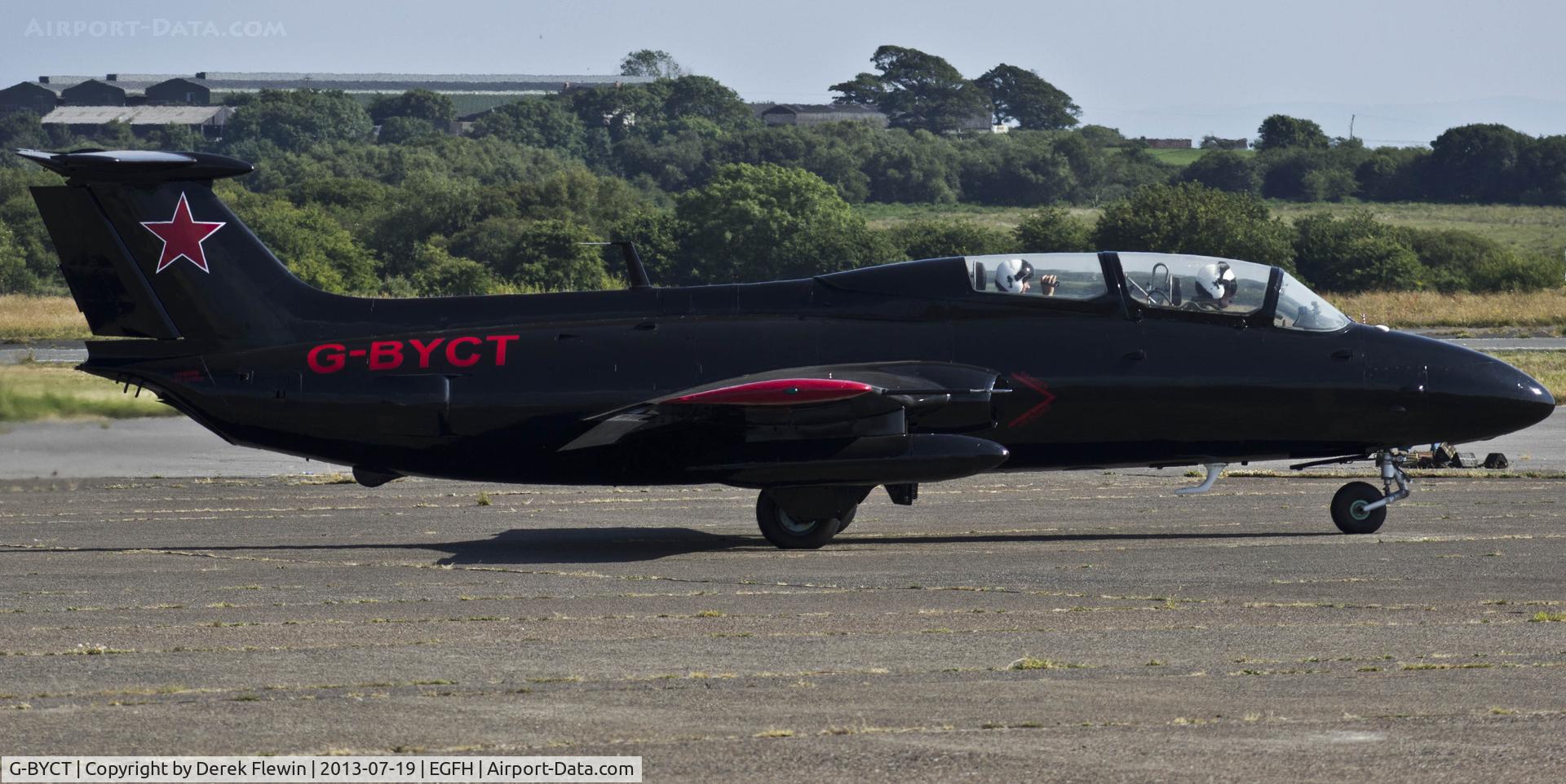 G-BYCT, 1973 Aero L-29 Delfin C/N 395142, Rebel 2, Aero L-29, taxiing out for take off on runway 22 at EGFH for a 1800hrs arrival slot at RIAT at RAF Fairford.
