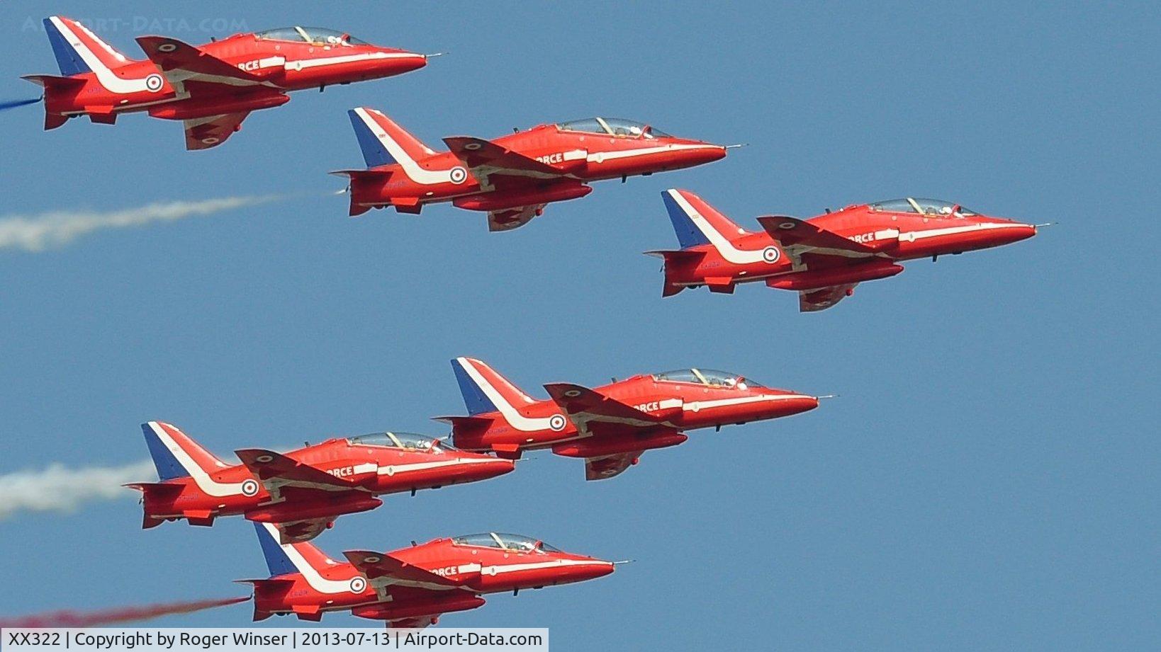 XX322, 1980 Hawker Siddeley Hawk T.1A C/N 165/312147, Off airport. Leading the RAF Red Arrows on the first day of the Wales National Air Show, Swansea Bay, UK. Red 1 is flown by Squadron Leader Jim Turner.