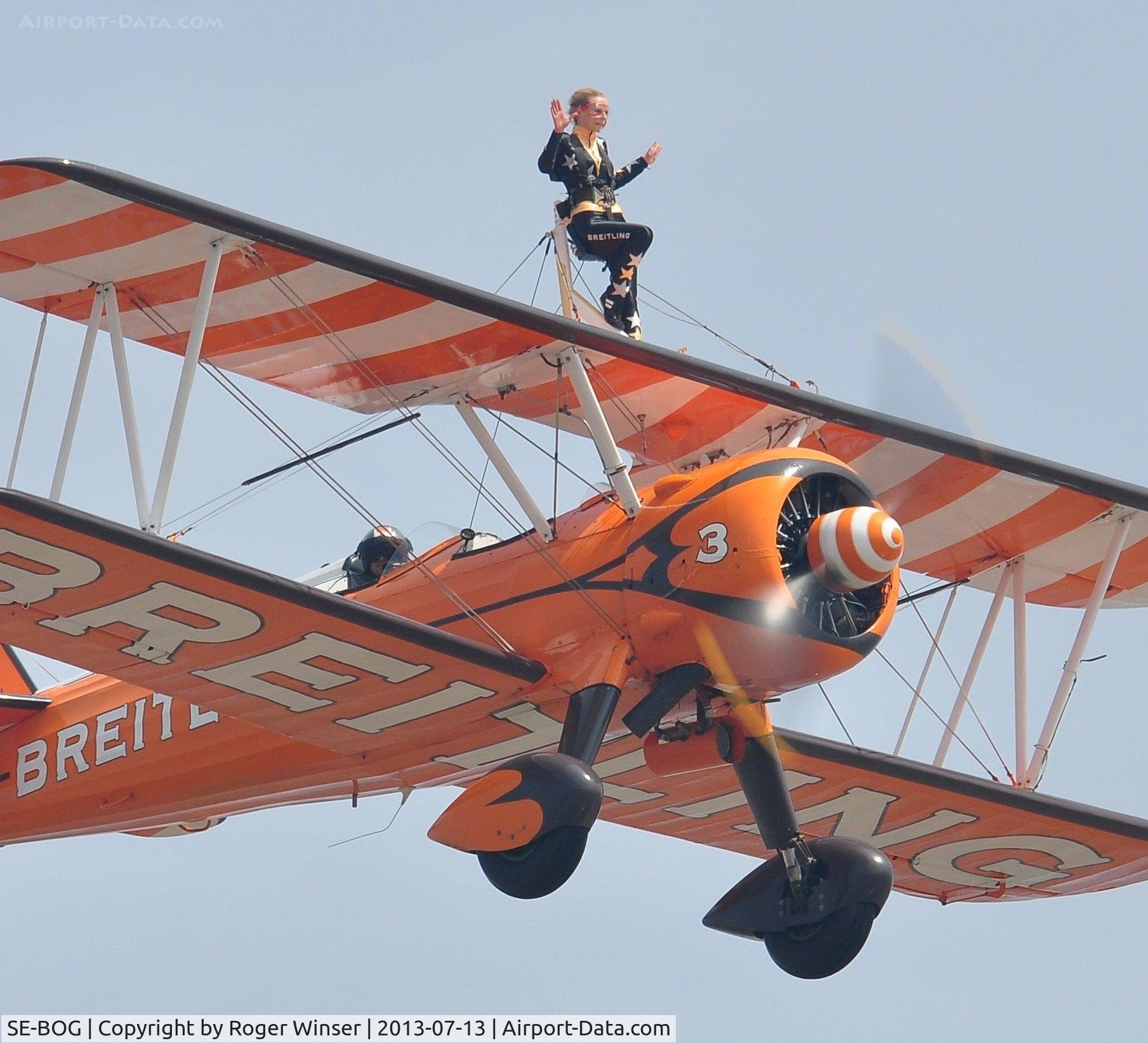 SE-BOG, 1942 Boeing N2S-3 Kaydet (B75N1) C/N 75-7128, Off airport. Aerosuperbatics Boeing Stearman Kaydet (Breitling 3) displaying on the first day of the Wales National Air Show, Swansea Bay, UK