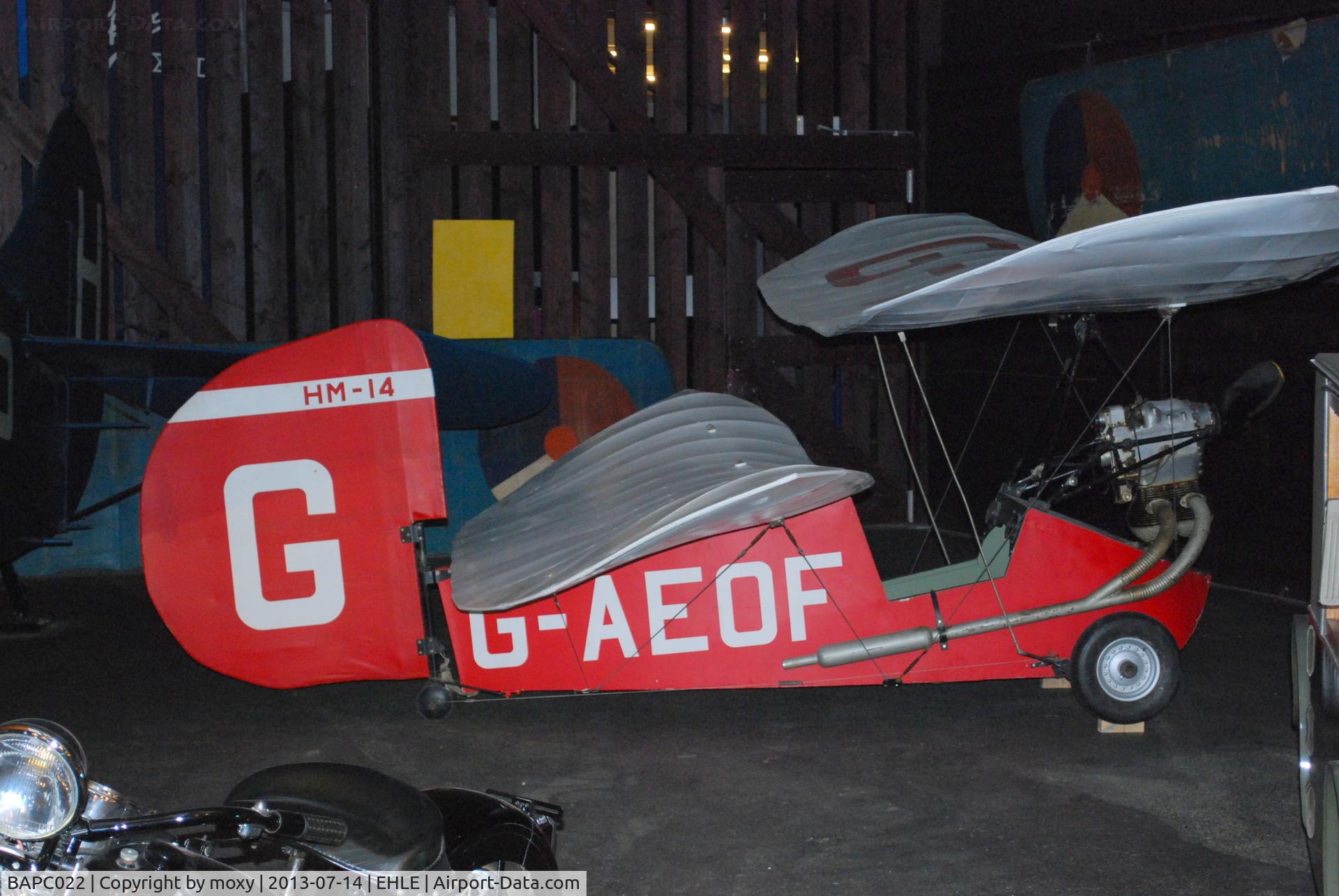 BAPC022, 1930 Mignet HM.14 Pou-du-Ciel C/N BAPC.022, Mignet HM.14 Pou-du-Ciel marked as G-AEOF. At the Aviodome, Lelystad.