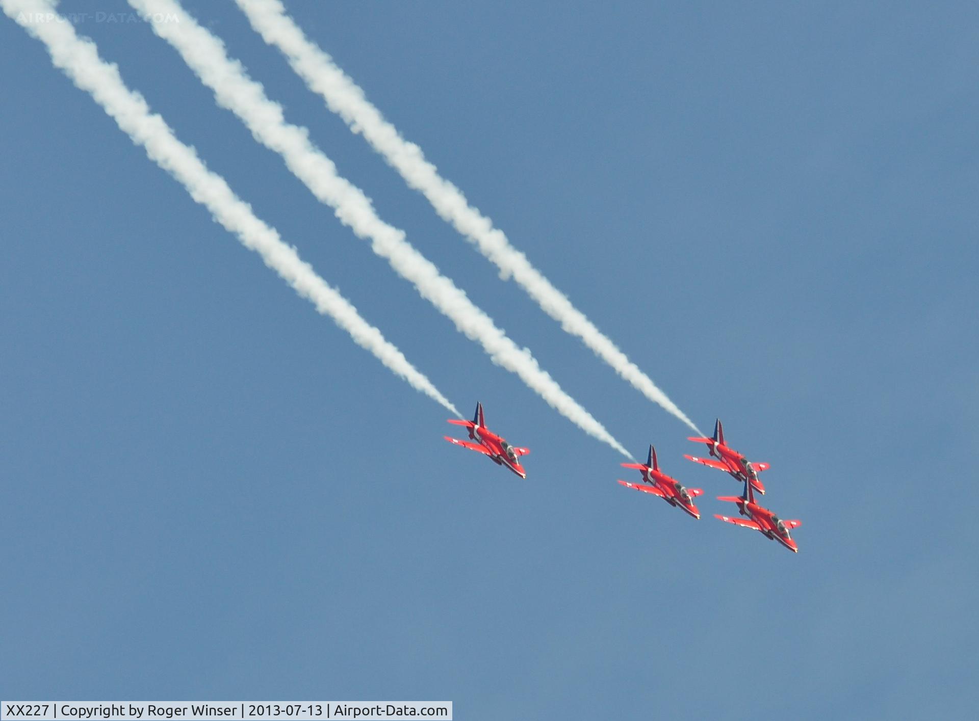 XX227, 1978 Hawker Siddeley Hawk T.1A C/N 063/312063, Off airport. RAF Red Arrows four ship Gypo formation displaying on the first day of the Wales National Airshow, Swansea Bay, UK.