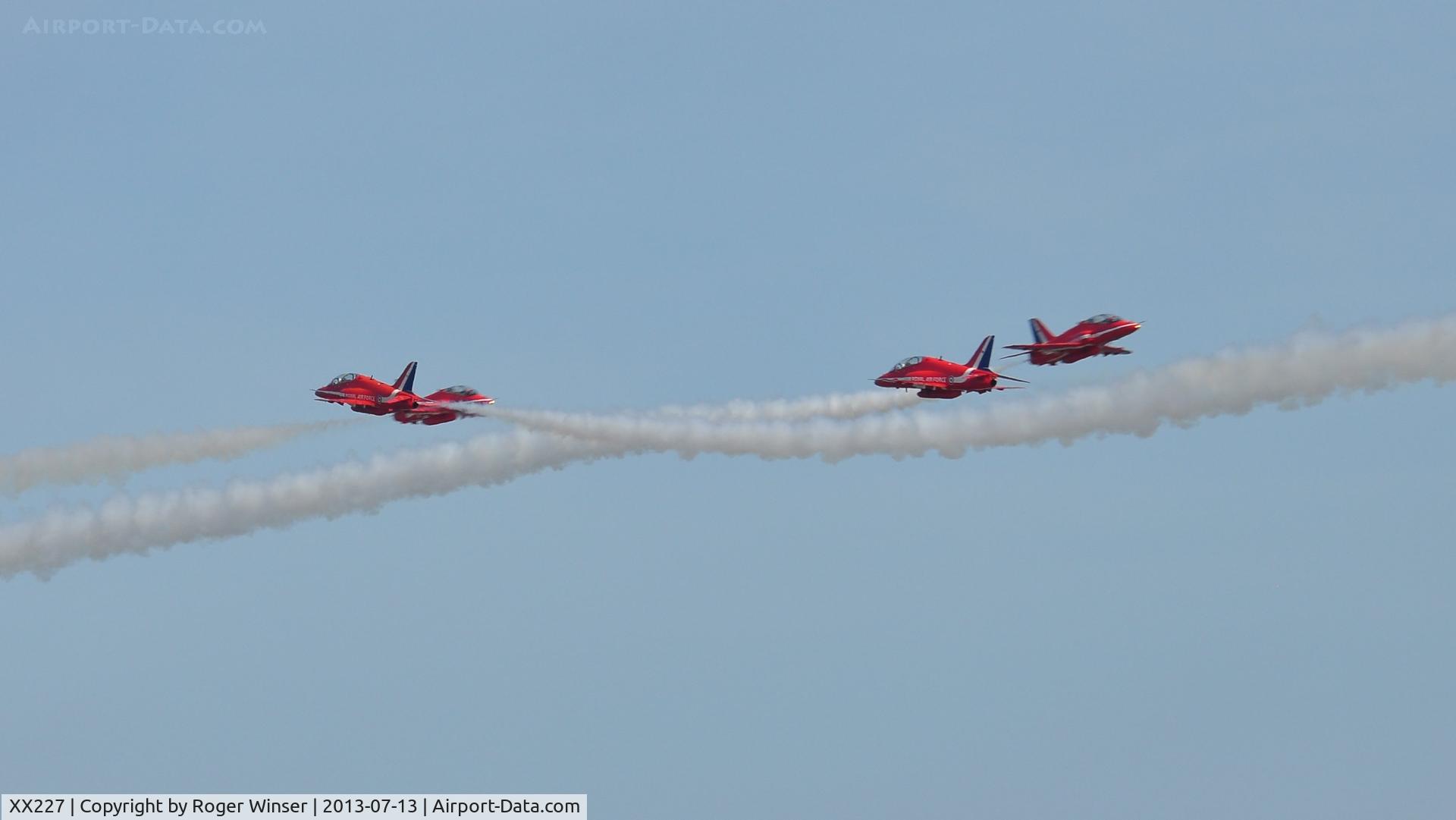 XX227, 1978 Hawker Siddeley Hawk T.1A C/N 063/312063, Off airport. RAF Red Arrows four ship formation displaying on the first day of the Wales National Air Show, Swansea Bay, UK.