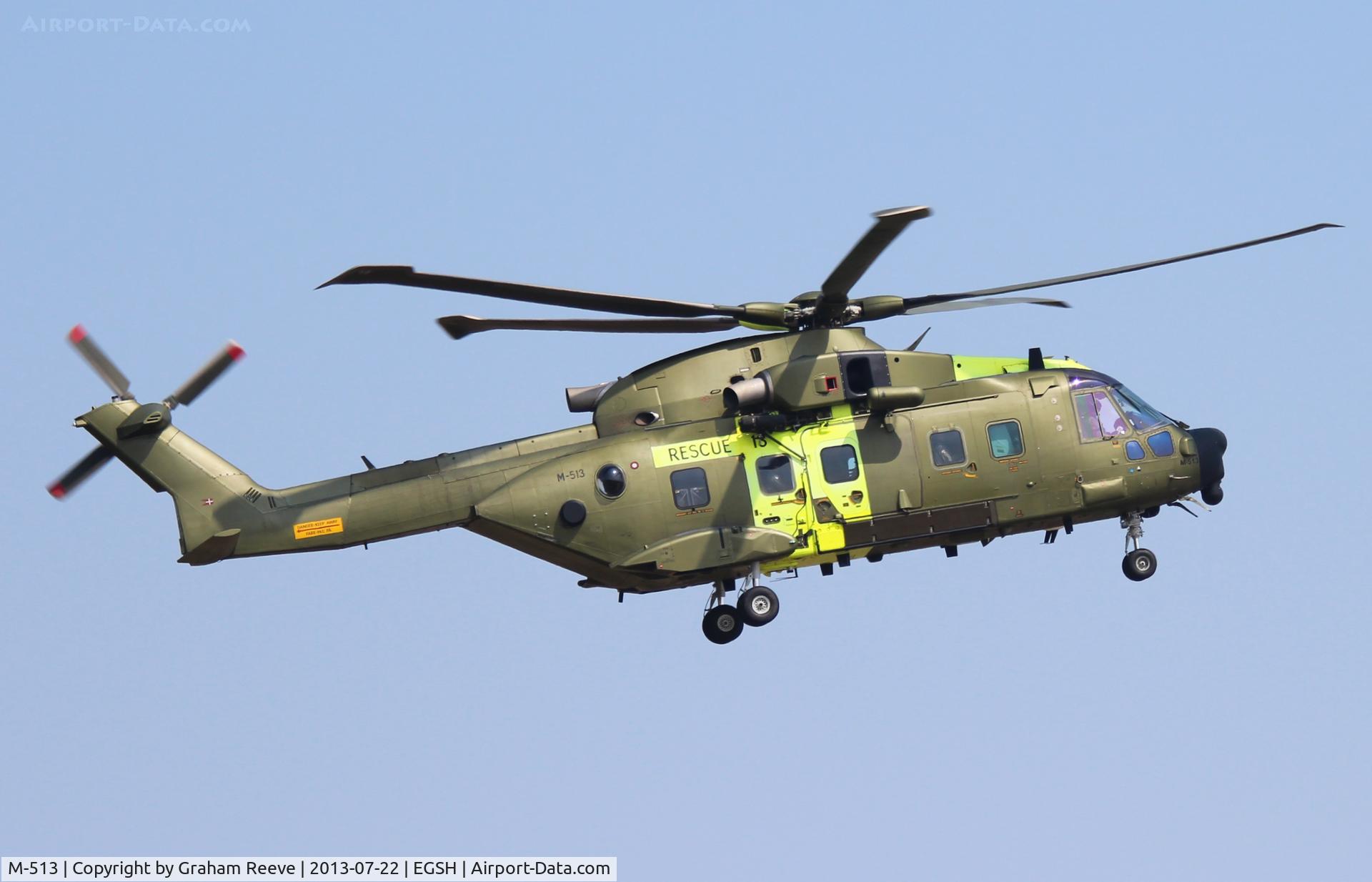 M-513, 2006 AgustaWestland EH-101 Mk.512 Merlin Joint Supporter C/N 50162/512013/DEN13, About to land at Norwich.