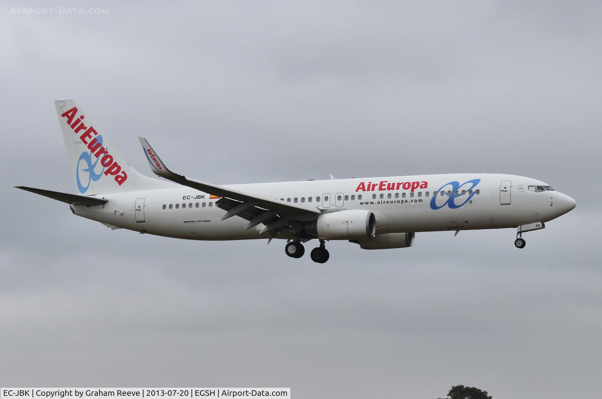 EC-JBK, 2004 Boeing 737-85P C/N 33973, About to land at Norwich.