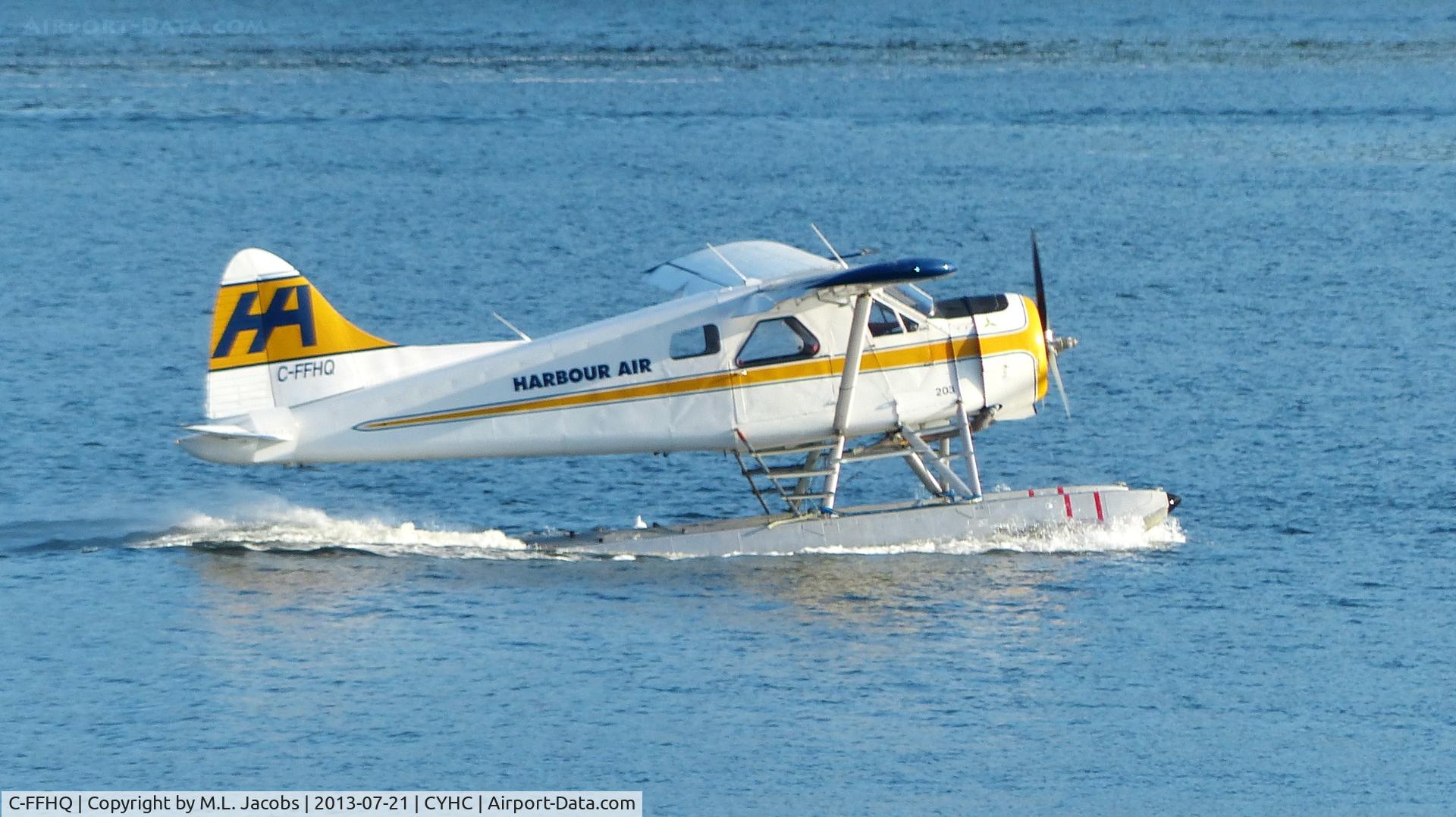 C-FFHQ, 1949 De Havilland Canada DHC-2 Beaver Mk.1 C/N 42, Harbour Air #203 picking up speed for takeoff in Coal Harbour.