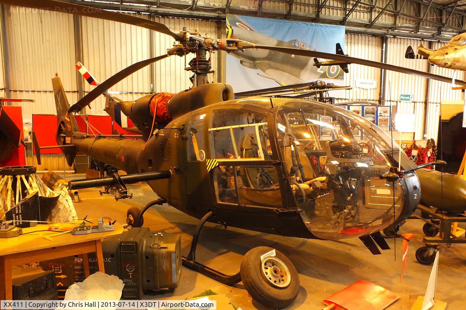 XX411, 1975 Westland SA-341B Gazelle AH1 C/N 1359, preserved at the South Yorkshire Aircraft Museum, AeroVenture, Doncaster