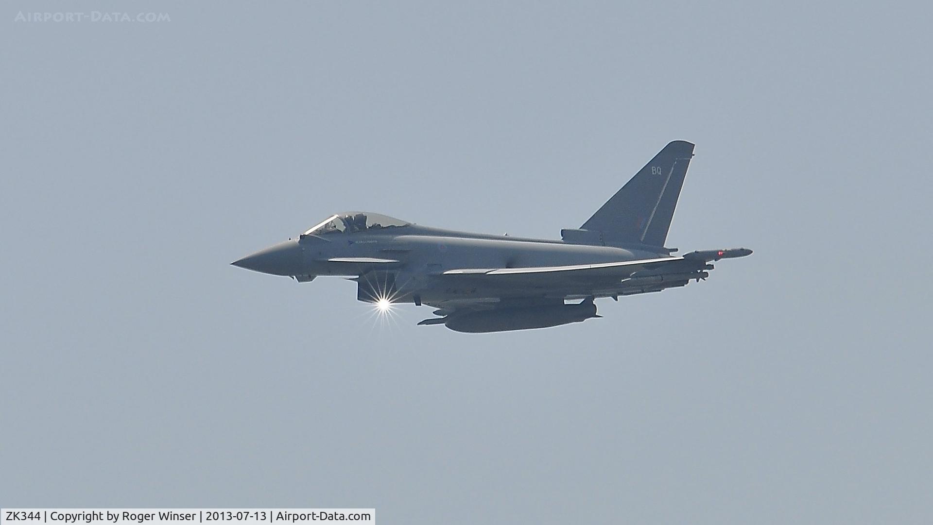 ZK344, 2012 Eurofighter EF-2000 Typhoon FGR4 C/N BS105/384, Off airport. Typhoon coded BQ of 29(R) Squadron RAF displaying on the first day of the Wales National Air Show, Swansea Bay, UK.
