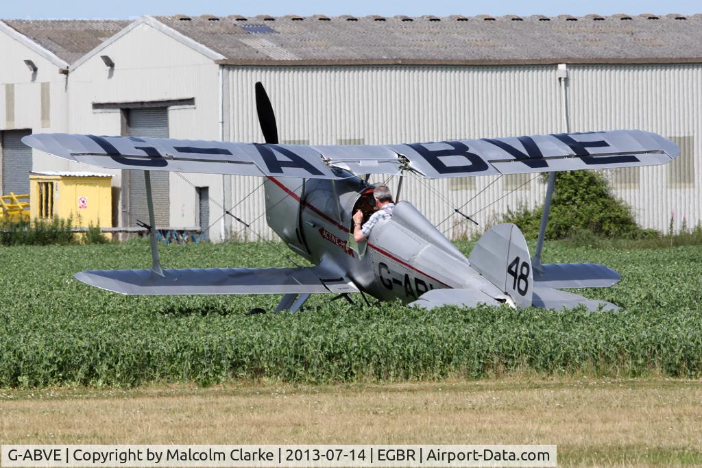 G-ABVE, 1932 Arrow Active 2 C/N 2, Swung on landing and became stranded in the crops but was undamaged. Arrow Active 2 at The Real Aeroplane Company, Breighton Airfield, July 14 2013.